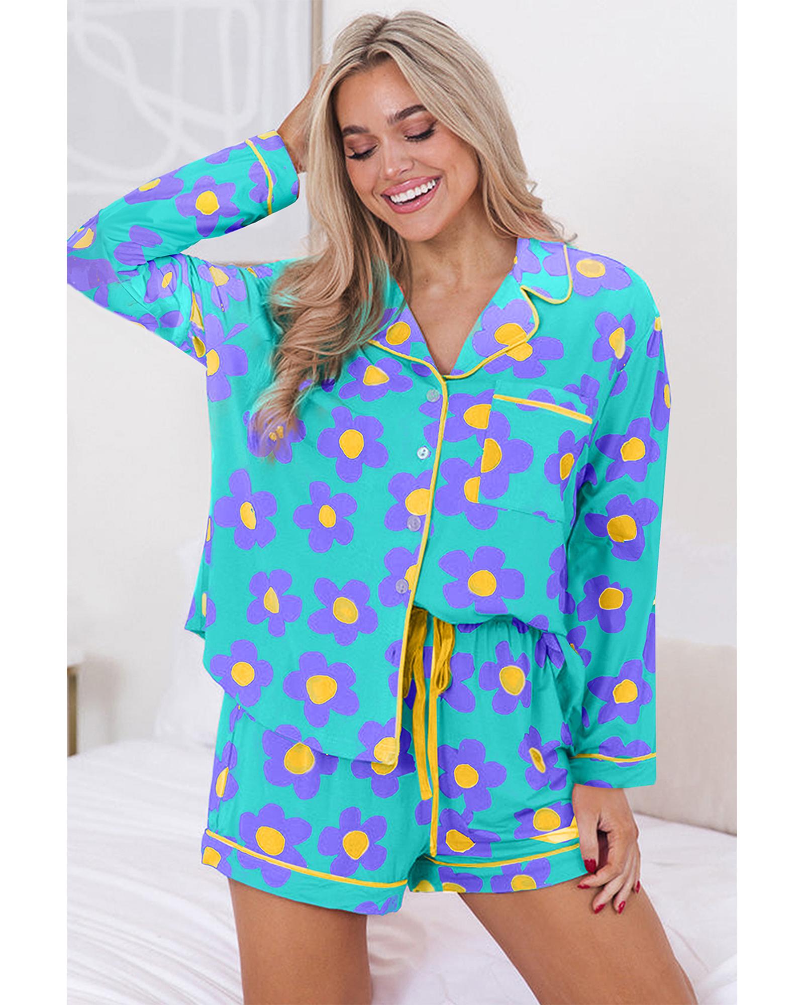 Green Flower Print Long Sleeve Shirt Shorts Pajamas Set - M