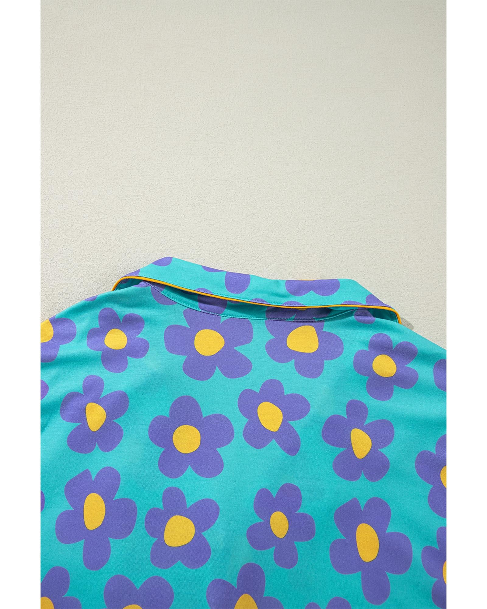 Green Flower Print Long Sleeve Shirt Shorts Pajamas Set - M