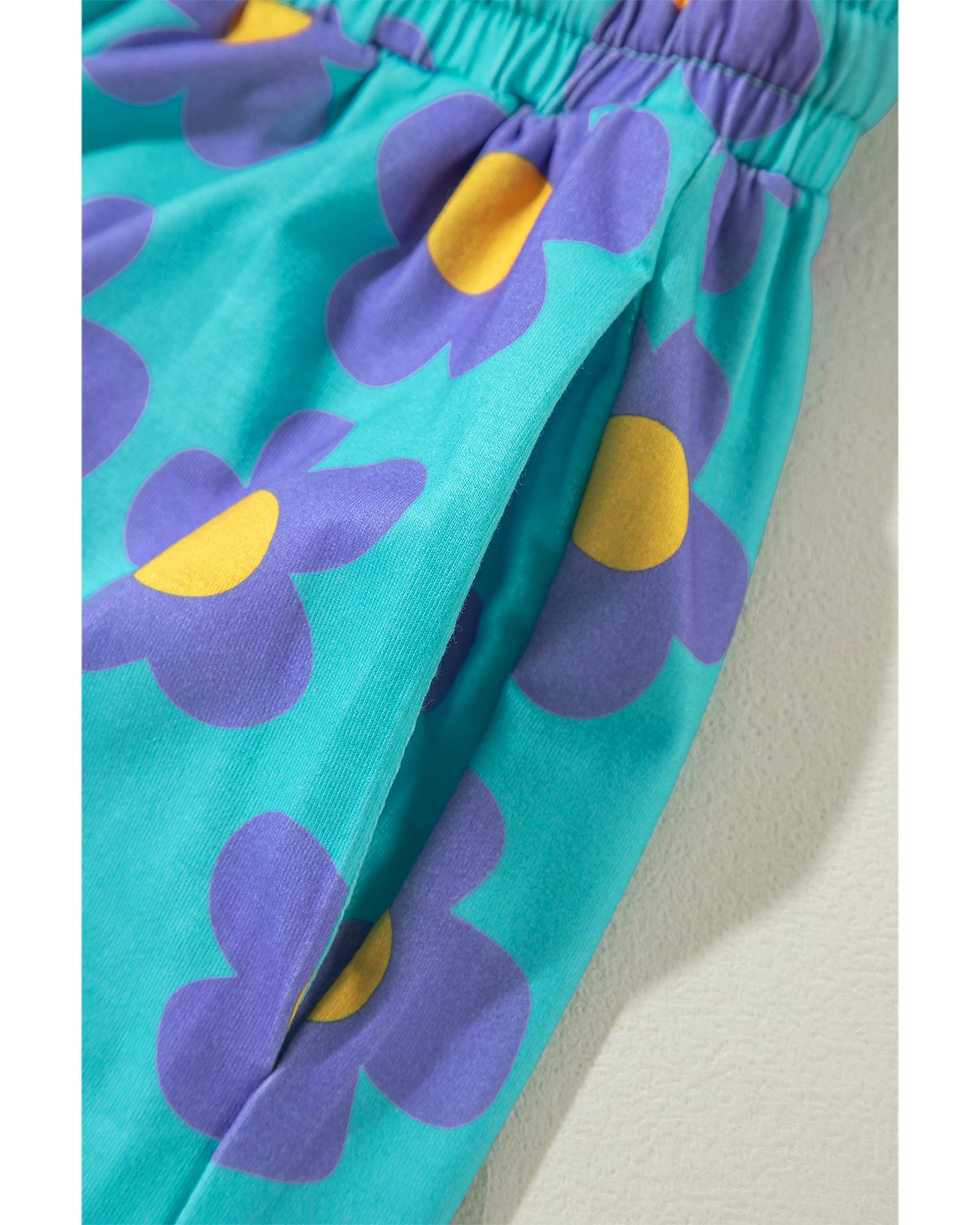 Green Flower Print Long Sleeve Shirt Shorts Pajamas Set - M