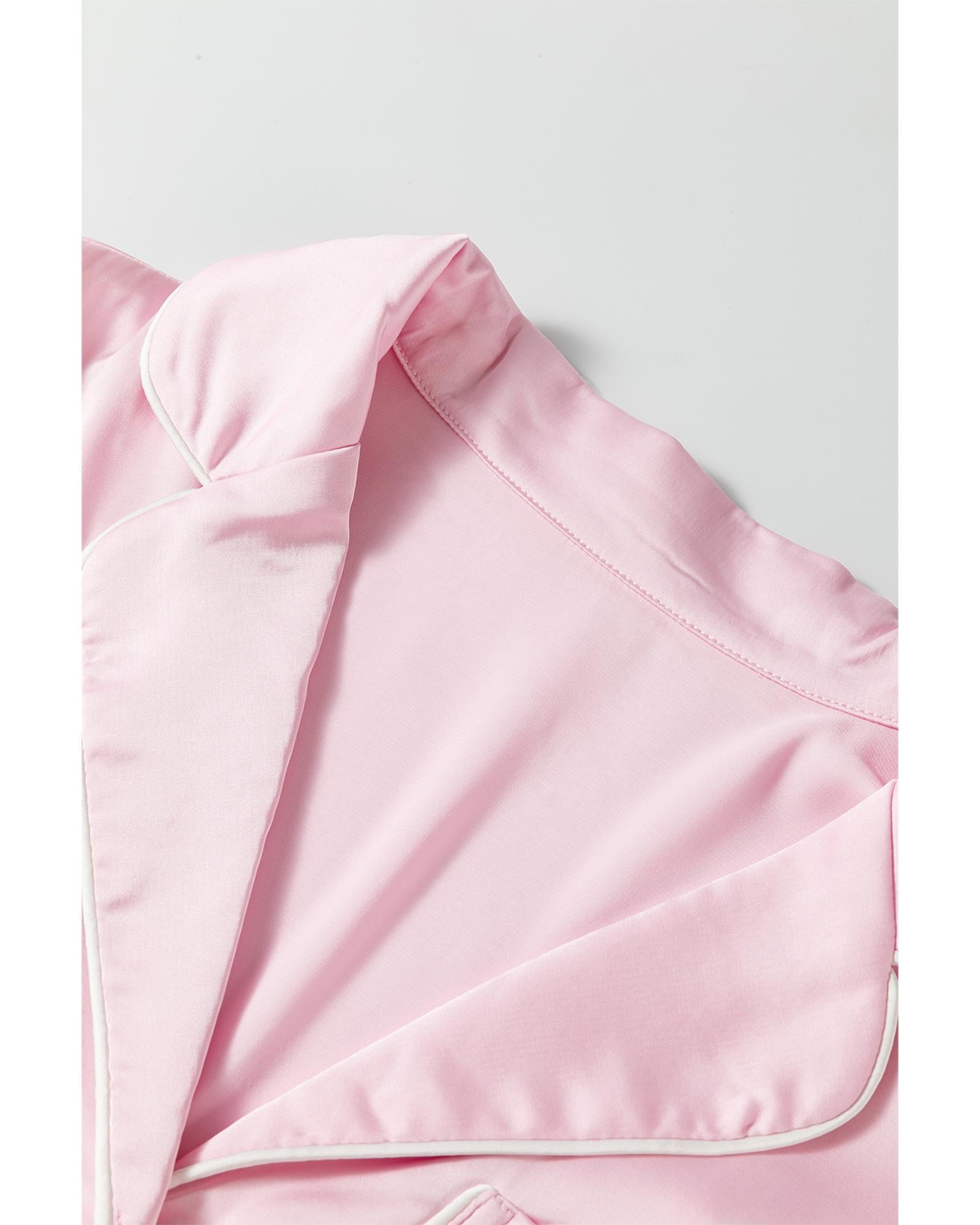 Light Pink Satin Knot Accent Shirt and Ruffled Pants Lounge Set - L