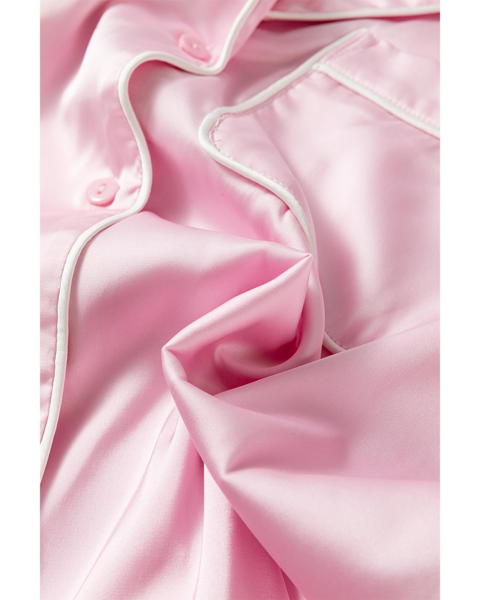 Light Pink Satin Knot Accent Shirt and Ruffled Pants Lounge Set - XL