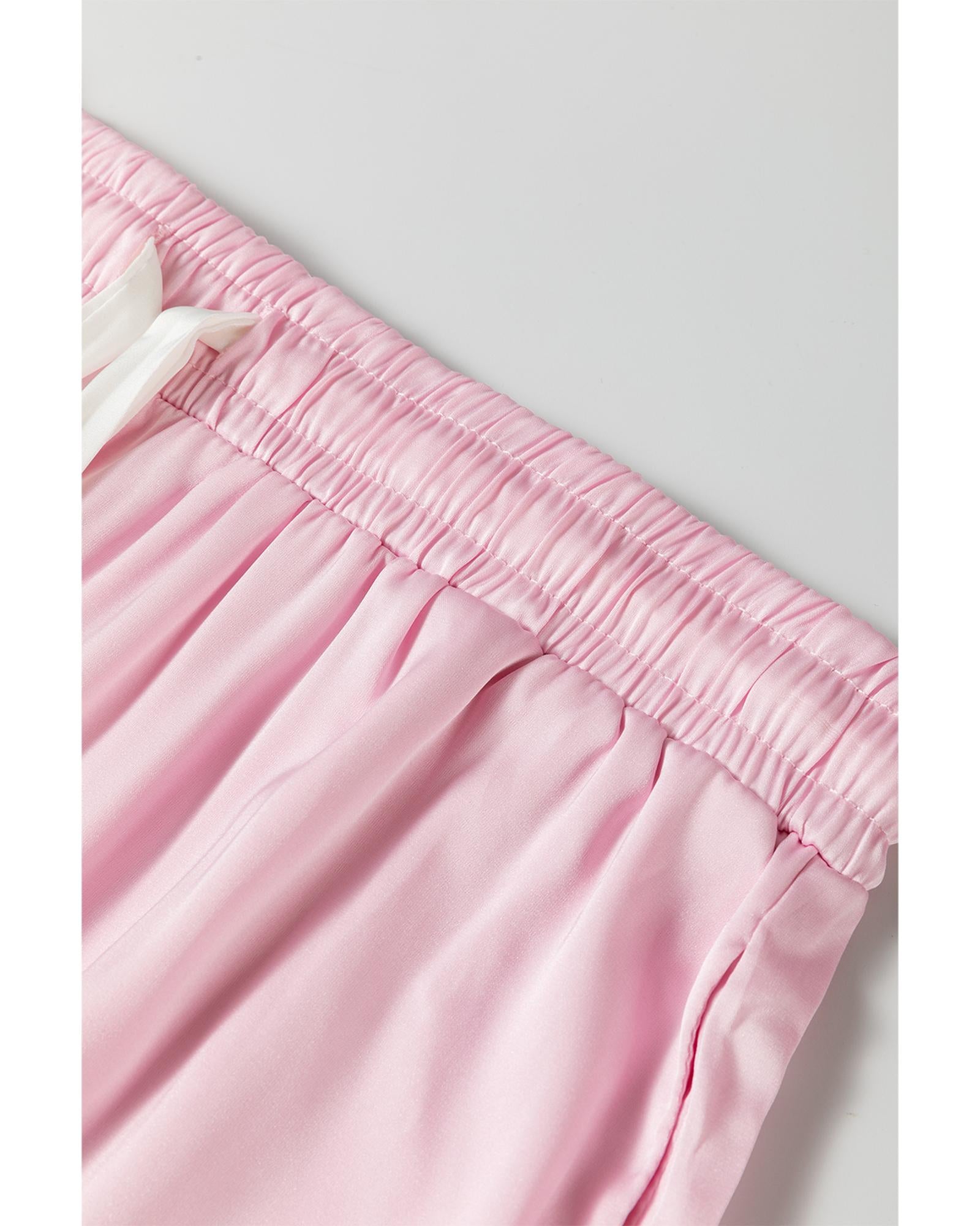Light Pink Satin Knot Accent Shirt and Ruffled Pants Lounge Set - XL