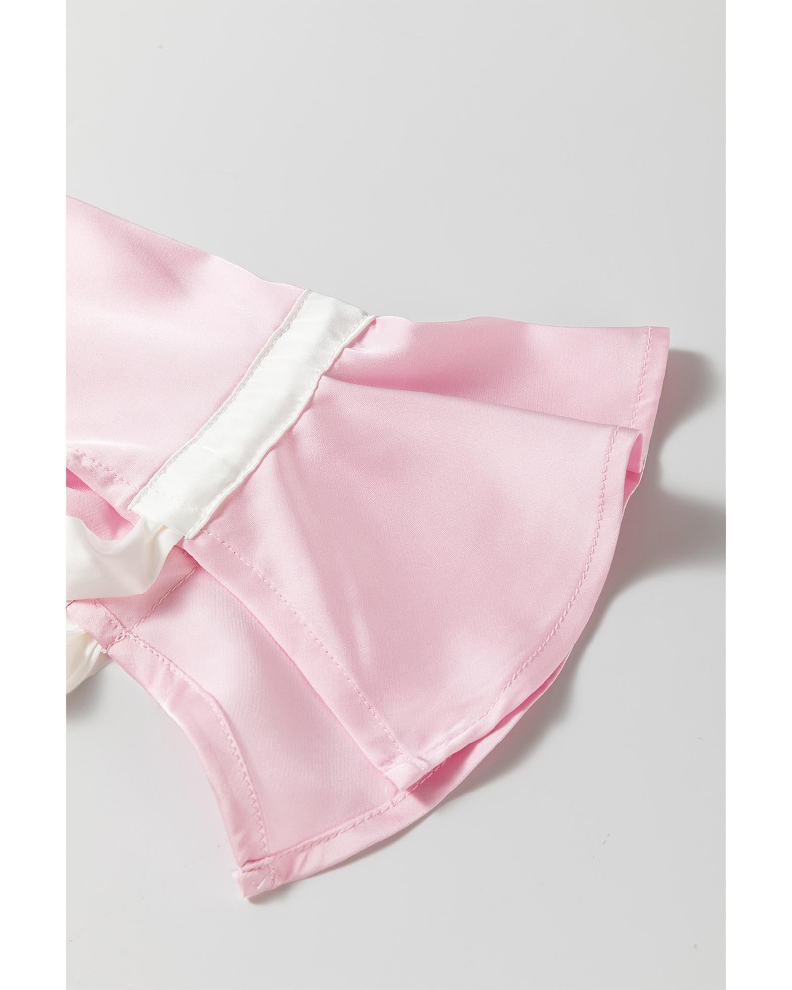 Light Pink Satin Knot Accent Shirt and Ruffled Pants Lounge Set - XL