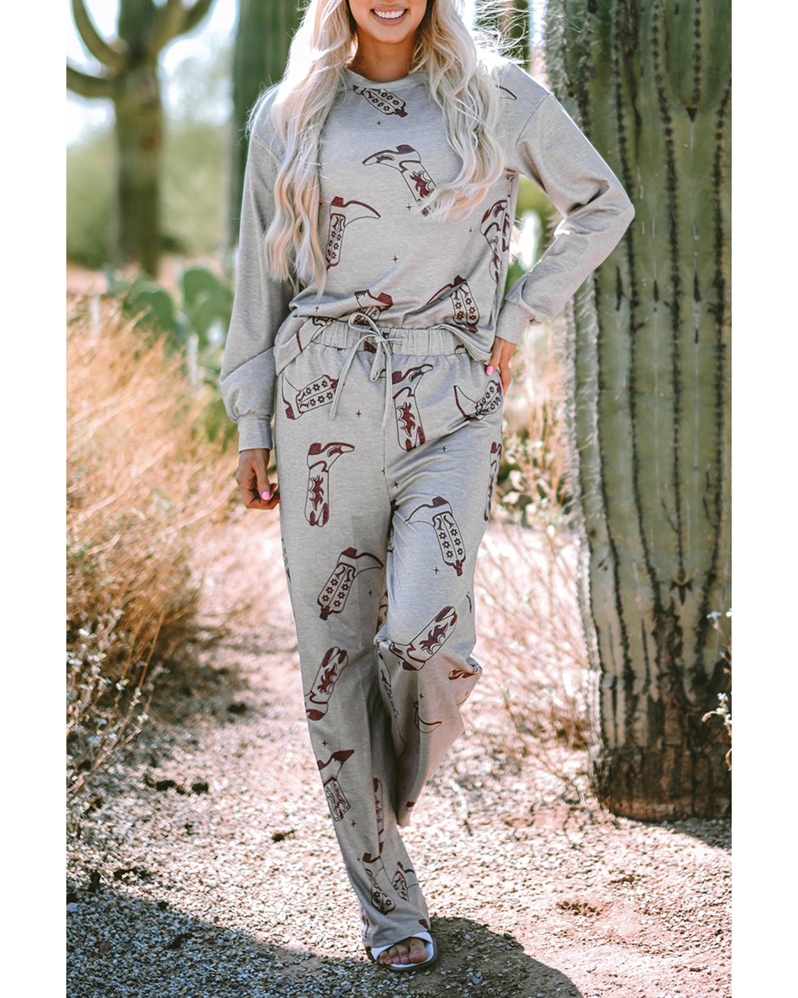 Gray Cowgirl Boots Printed Long Sleeve Top Pants Lounge Set - XL
