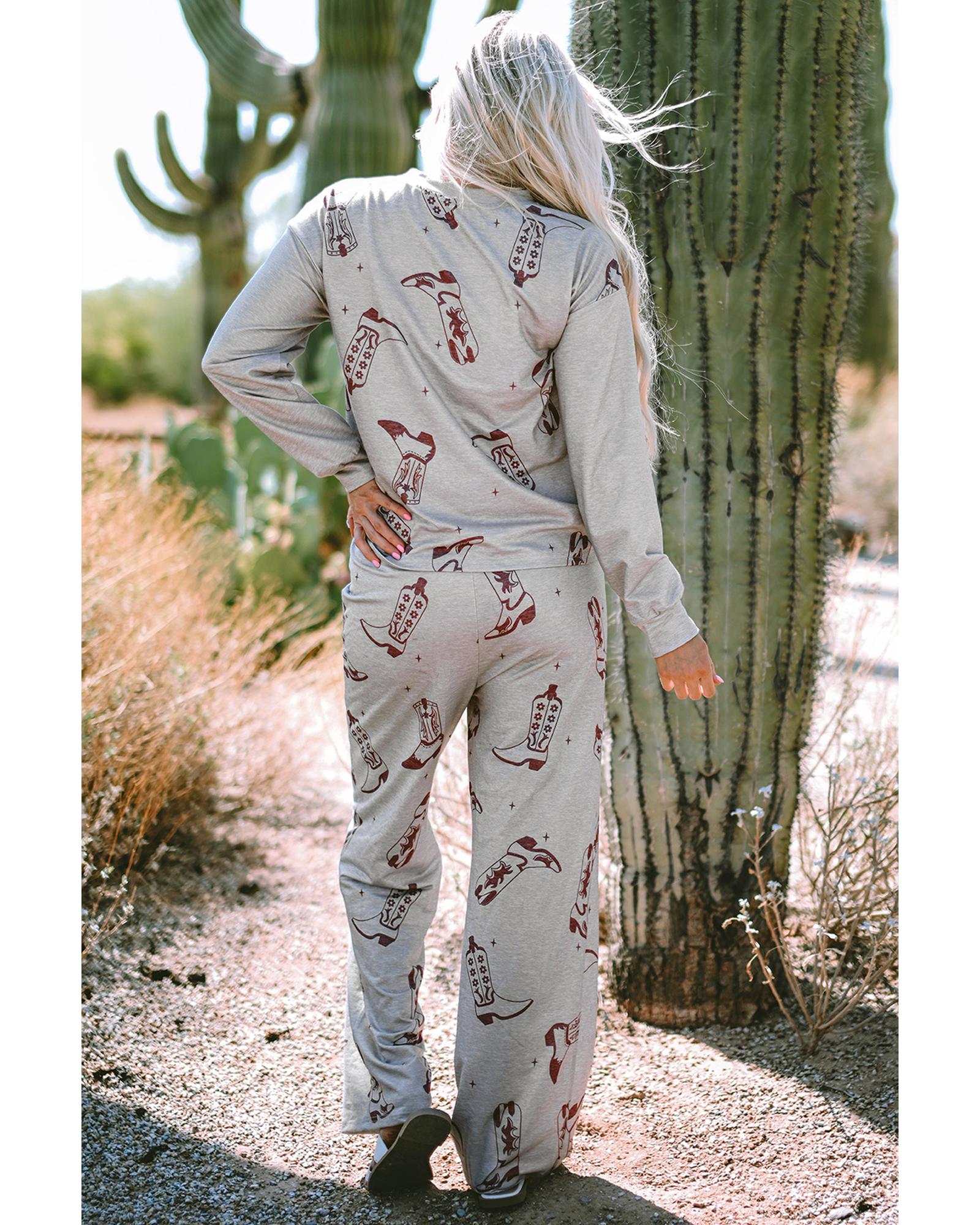 Gray Cowgirl Boots Printed Long Sleeve Top Pants Lounge Set - XL