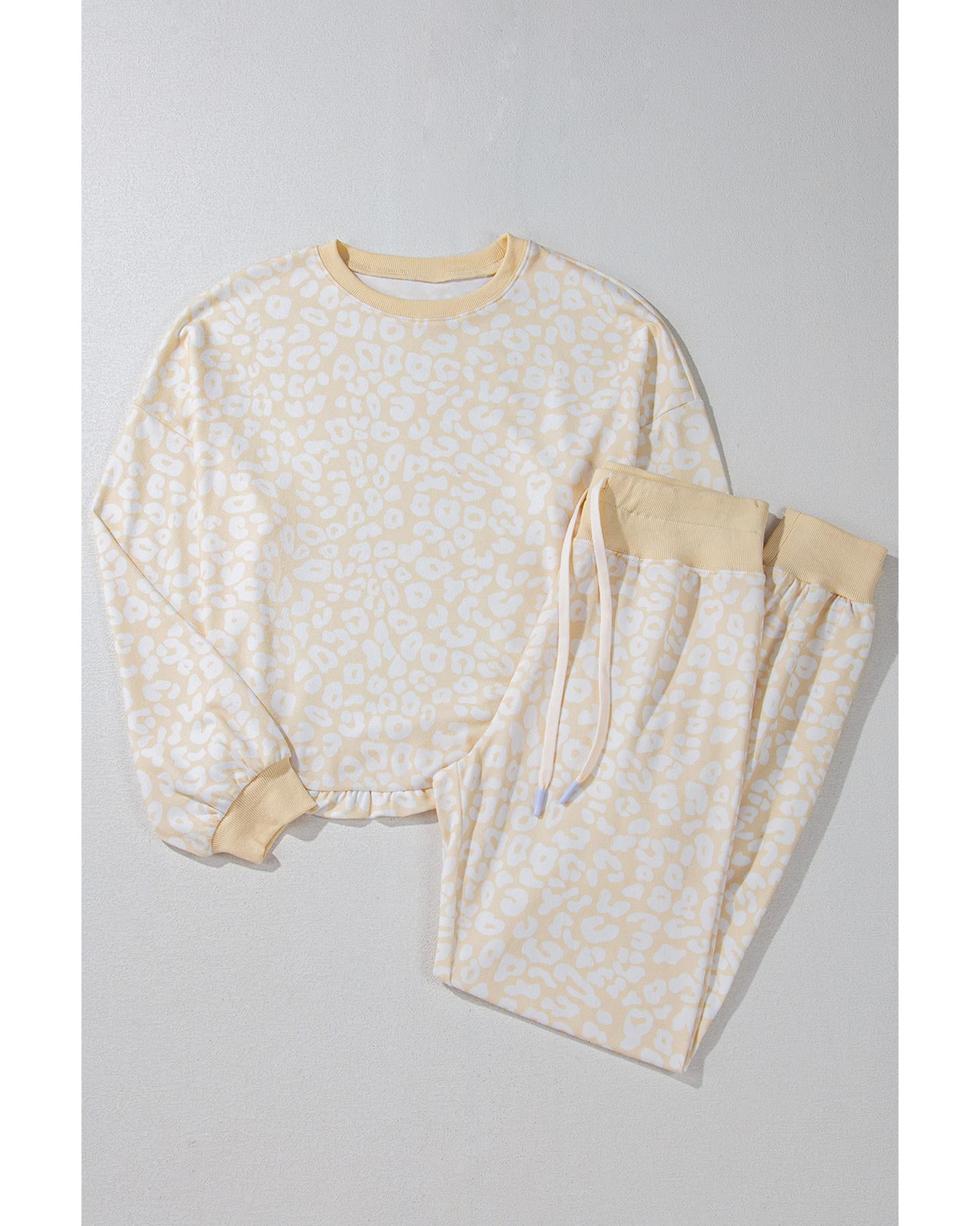 White Cheetah Print Two Piece Loose Fit Cozy Loungewear - L