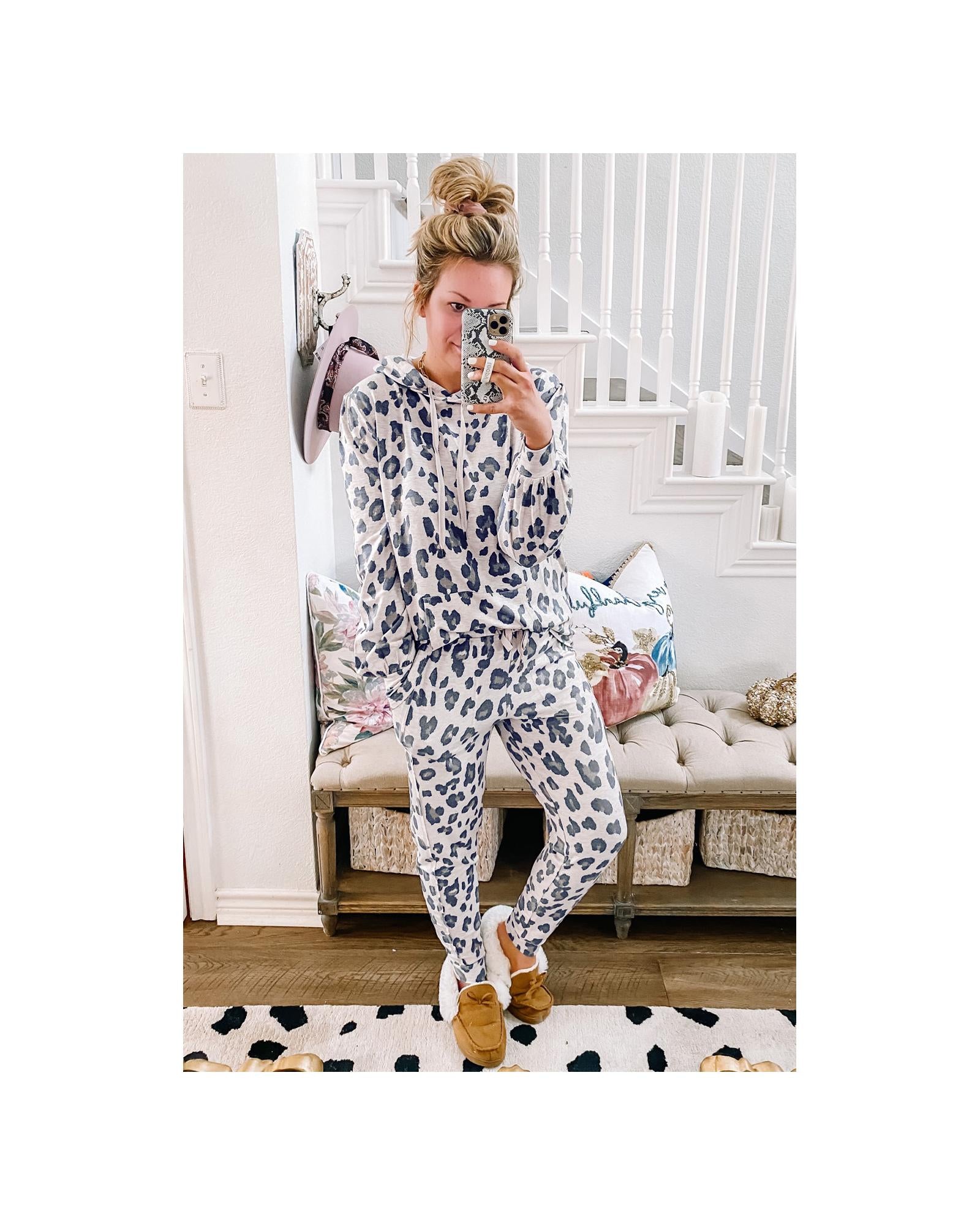 Khaki Leopard Print Drawstring Hoodie and Skinny Pants Lounge Set - S