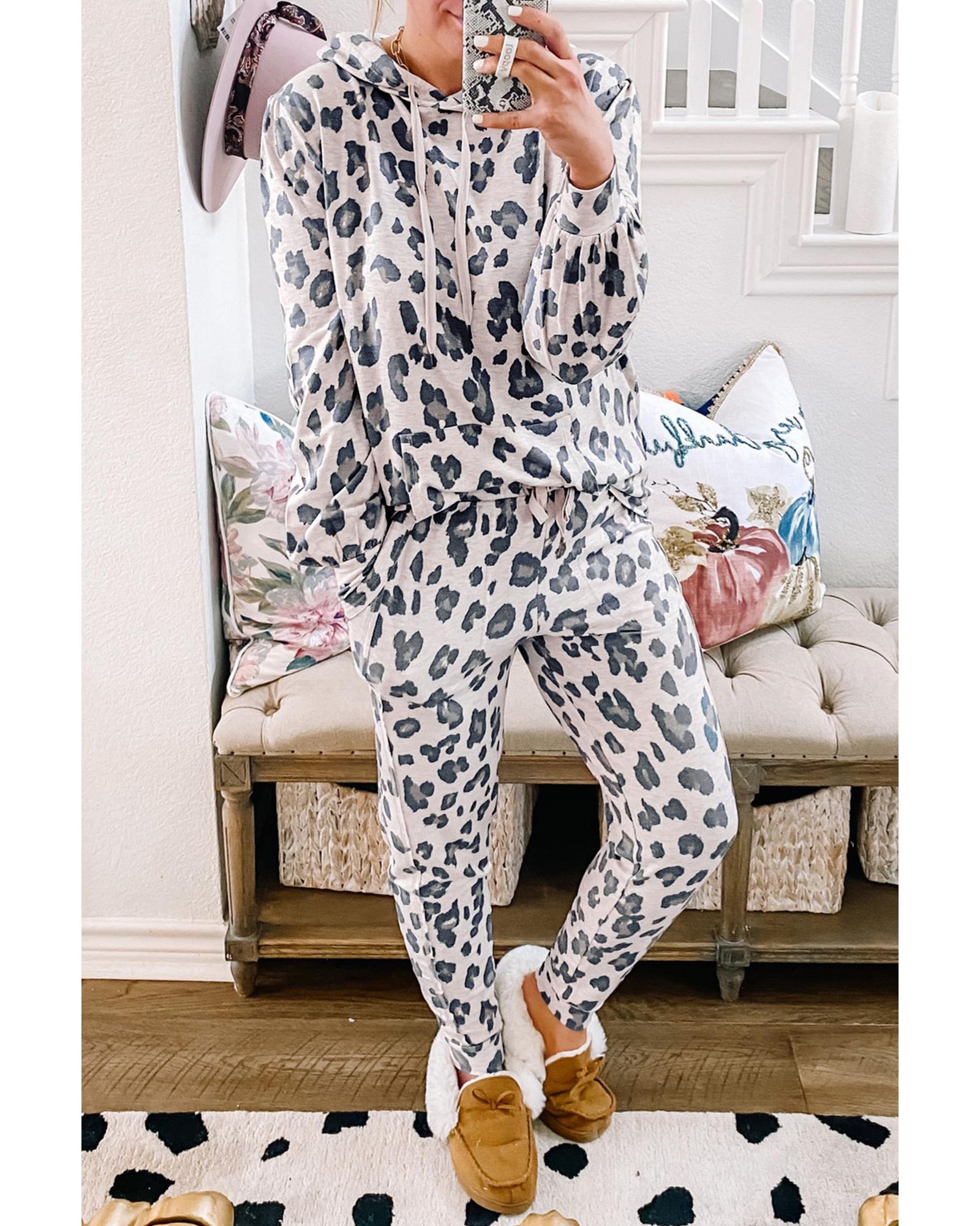 Khaki Leopard Print Drawstring Hoodie and Skinny Pants Lounge Set - S
