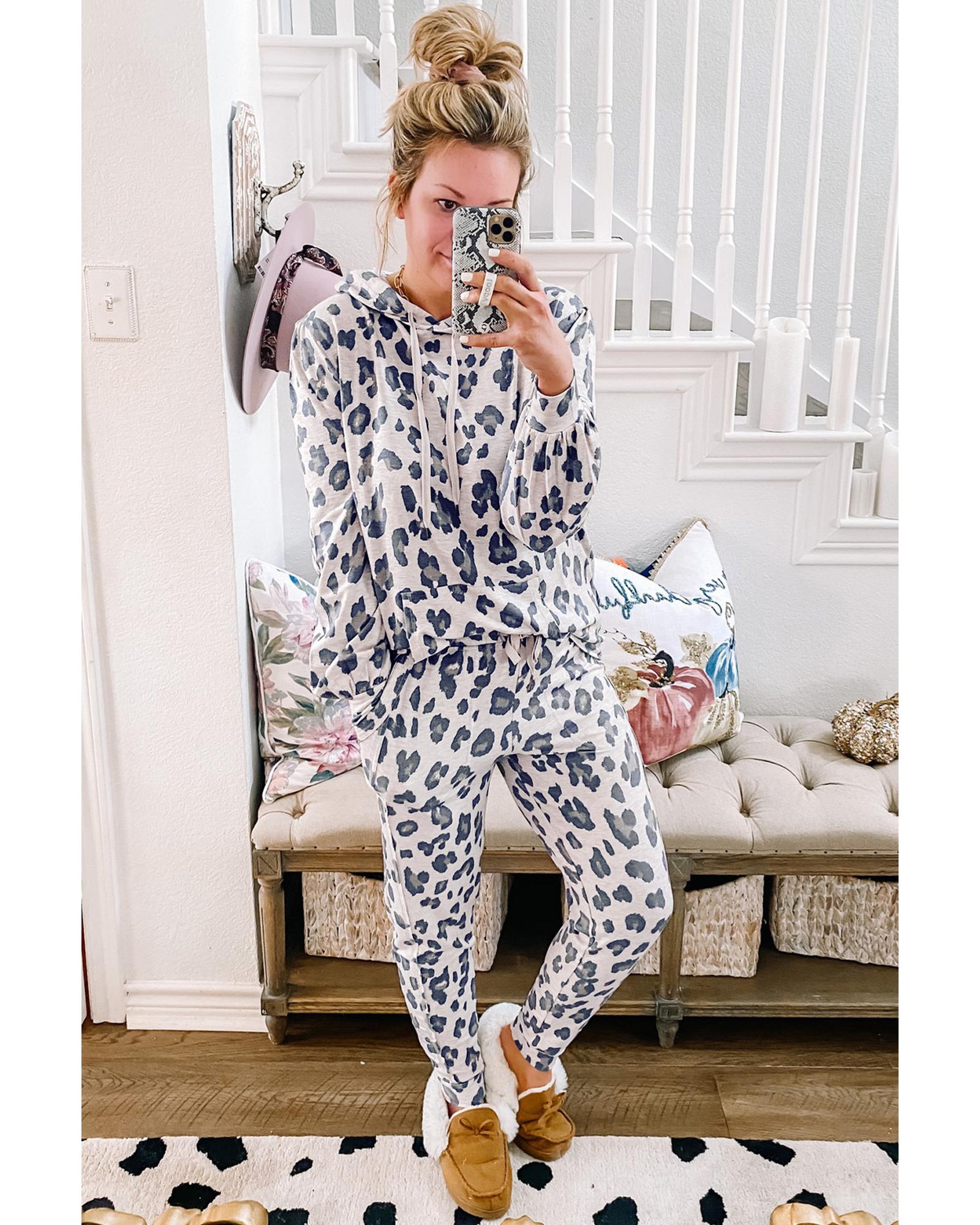 Khaki Leopard Print Drawstring Hoodie and Skinny Pants Lounge Set - S