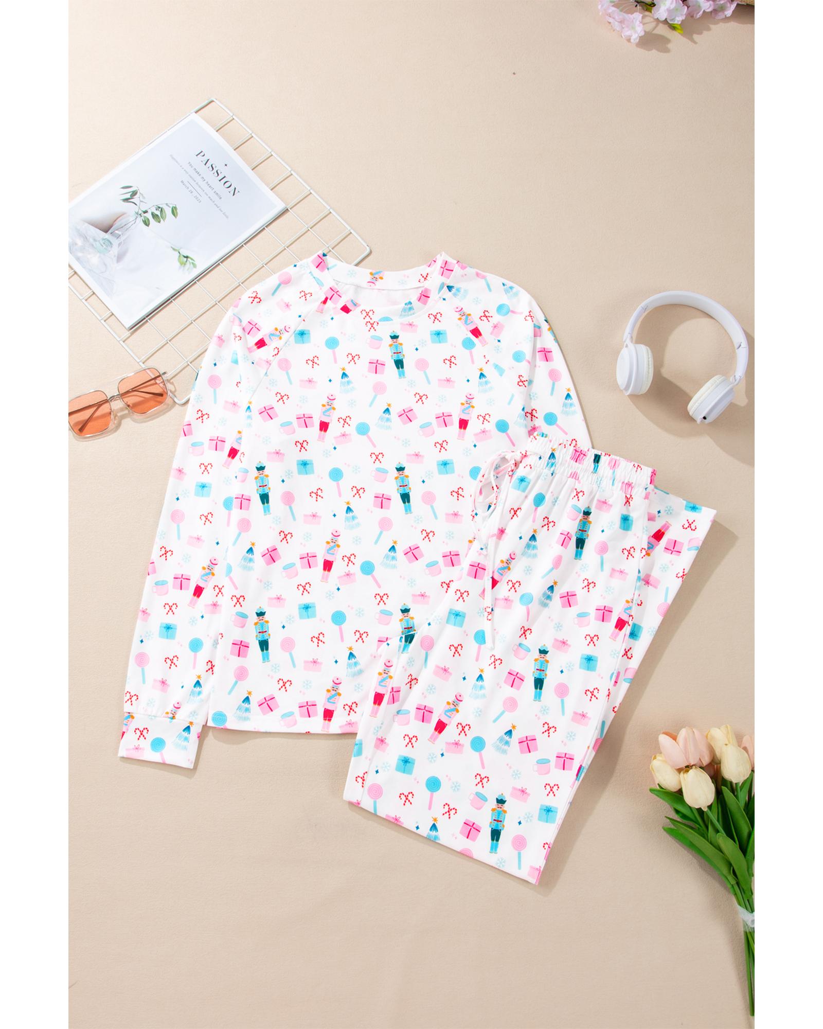 White Christmas Pattern Long Sleeve Top and Wide Leg Pants Set - M