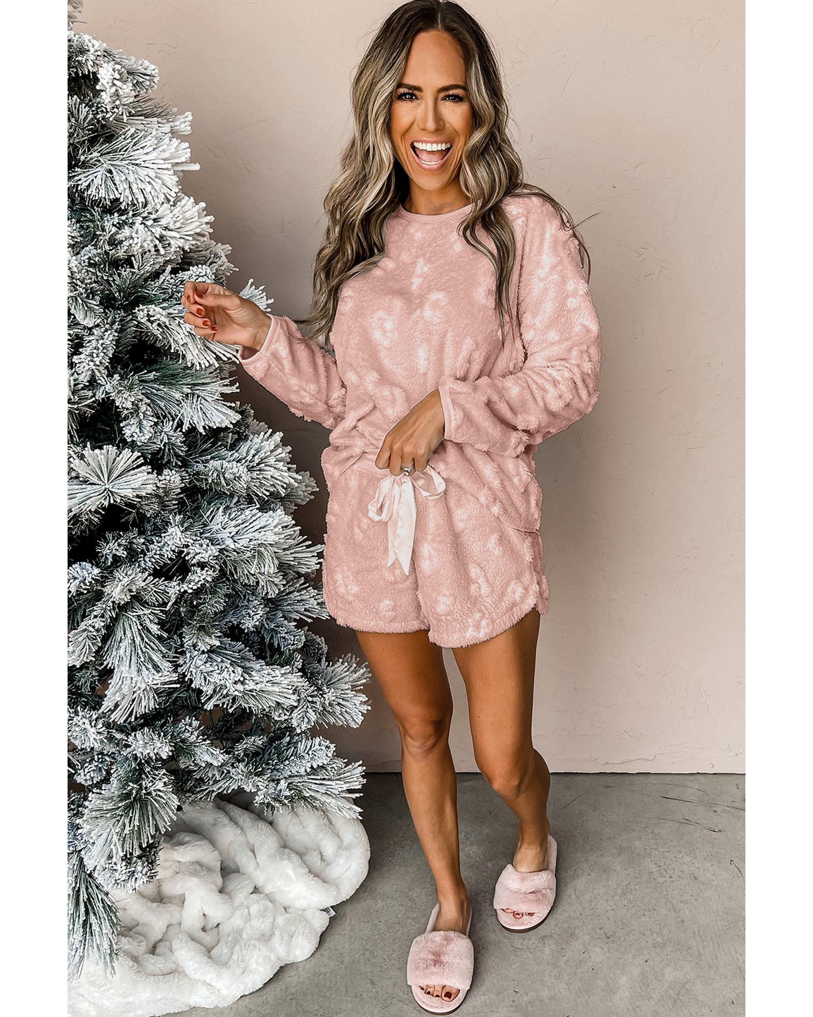 Light Pink Textured Leopard Fleece Loose Two Piece Lounge Set - 2XL