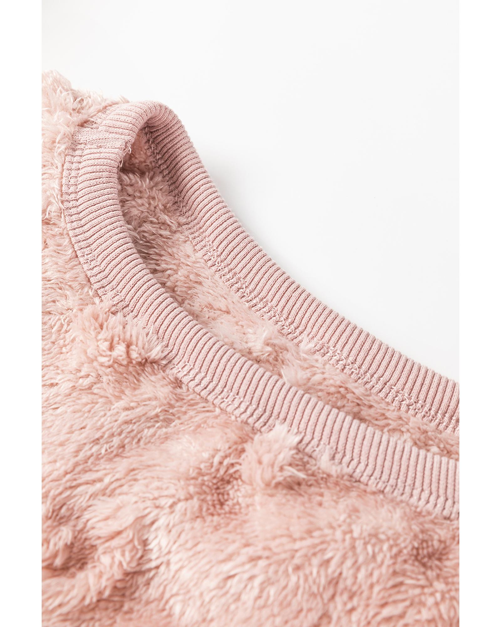 Light Pink Textured Leopard Fleece Loose Two Piece Lounge Set - 2XL