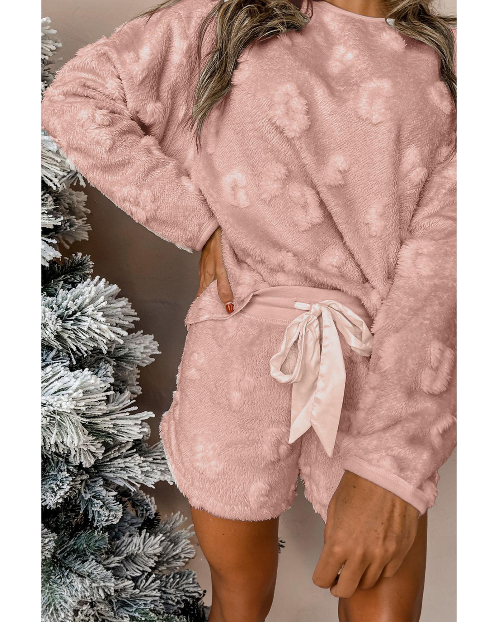 Light Pink Textured Leopard Fleece Loose Two Piece Lounge Set - XL