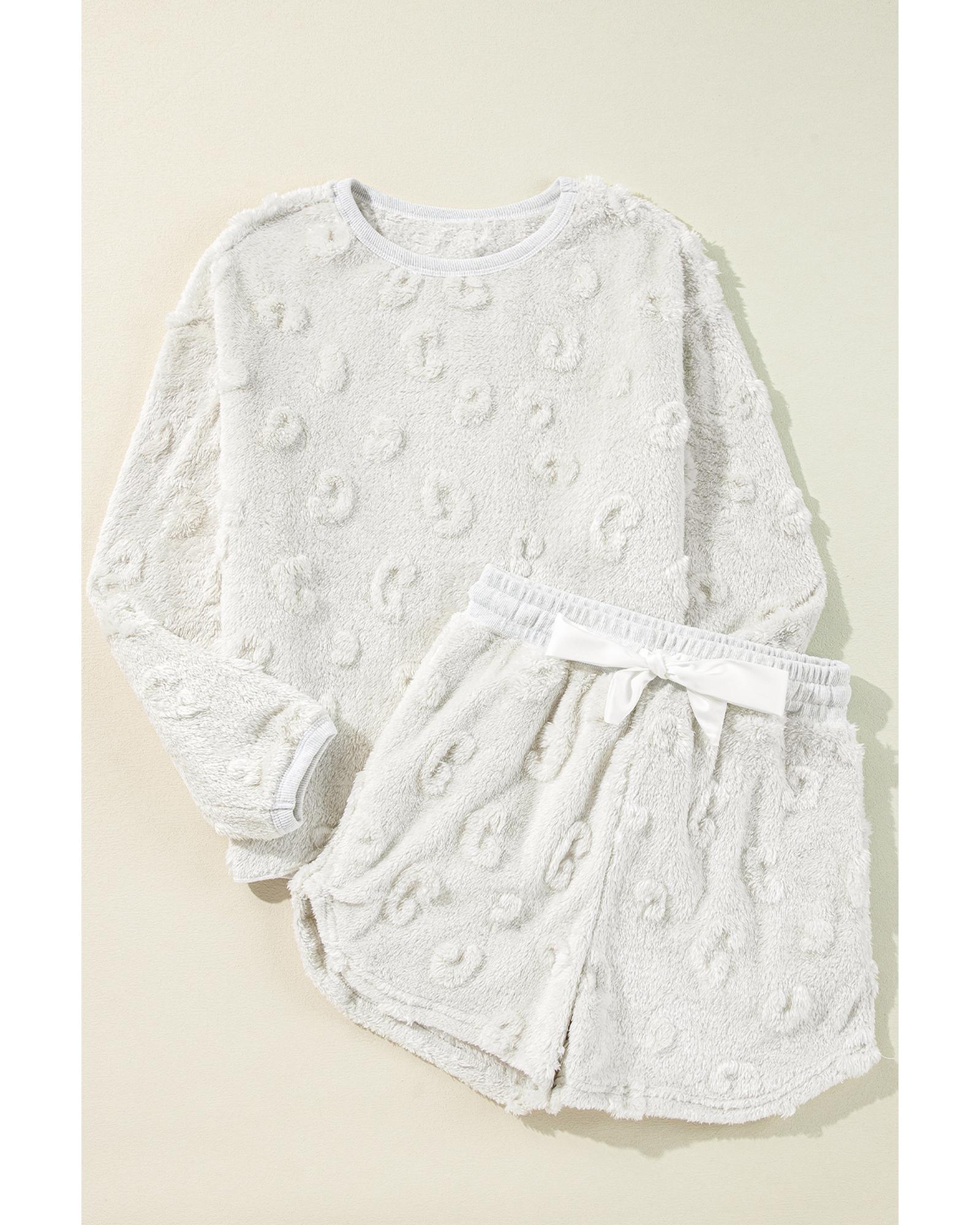 Light Grey Textured Leopard Fleece Loose Two Piece Lounge Set - L