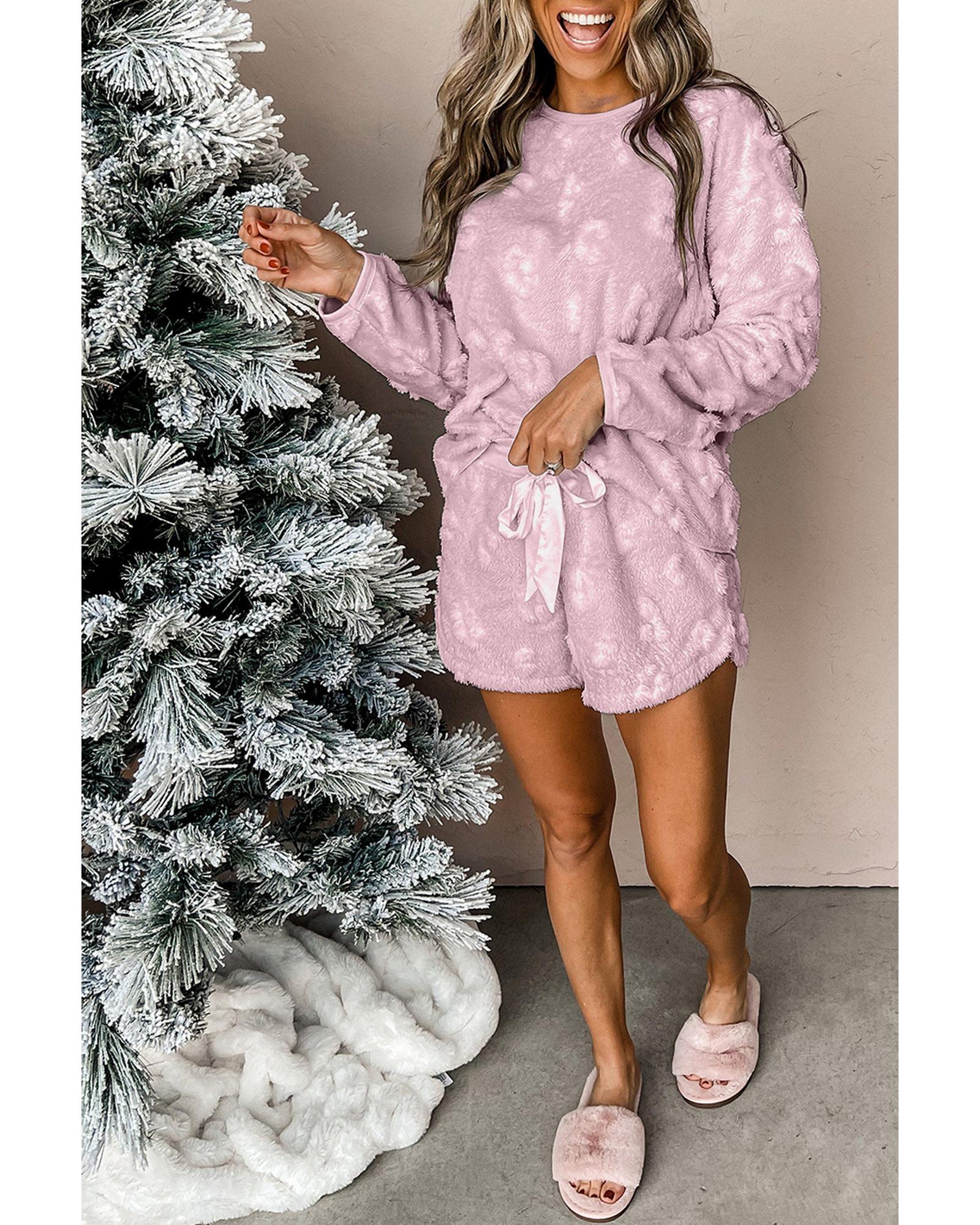 Lavendula Textured Leopard Fleece Loose Two Piece Lounge Set - M