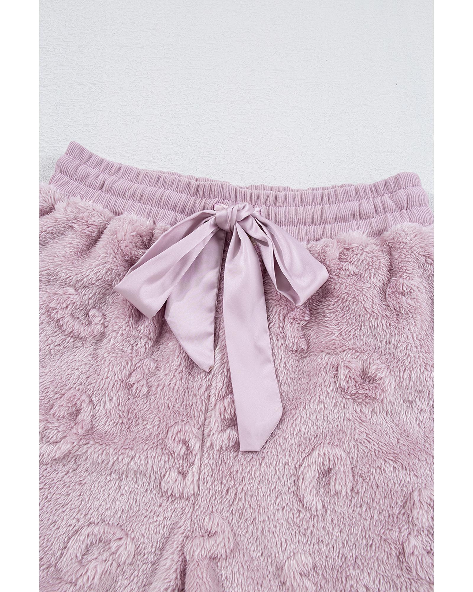 Lavendula Textured Leopard Fleece Loose Two Piece Lounge Set - M