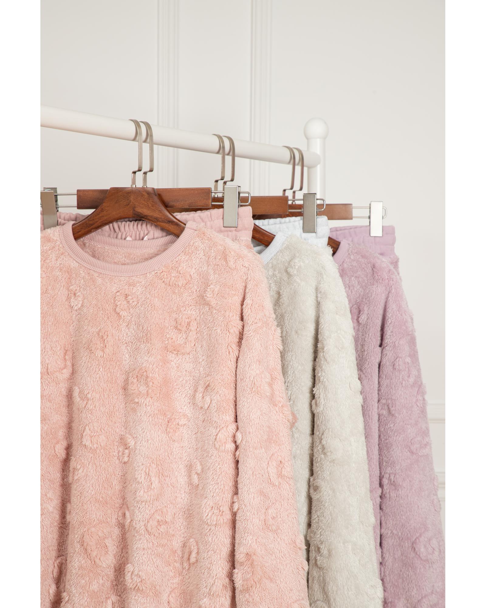 Lavendula Textured Leopard Fleece Loose Two Piece Lounge Set - M