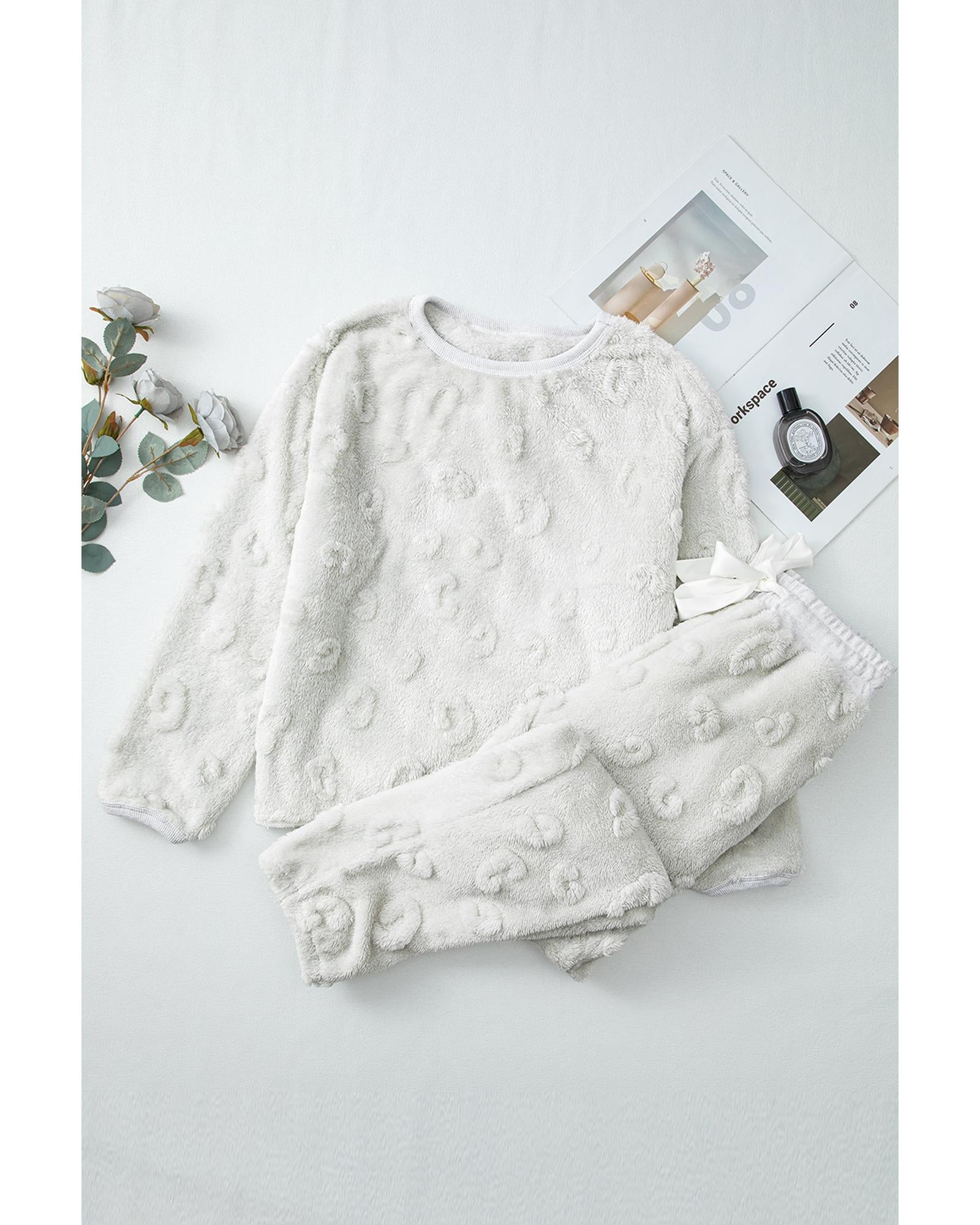 Light Grey Leopard Textured Loose Fit Fleece Lounge Set - S
