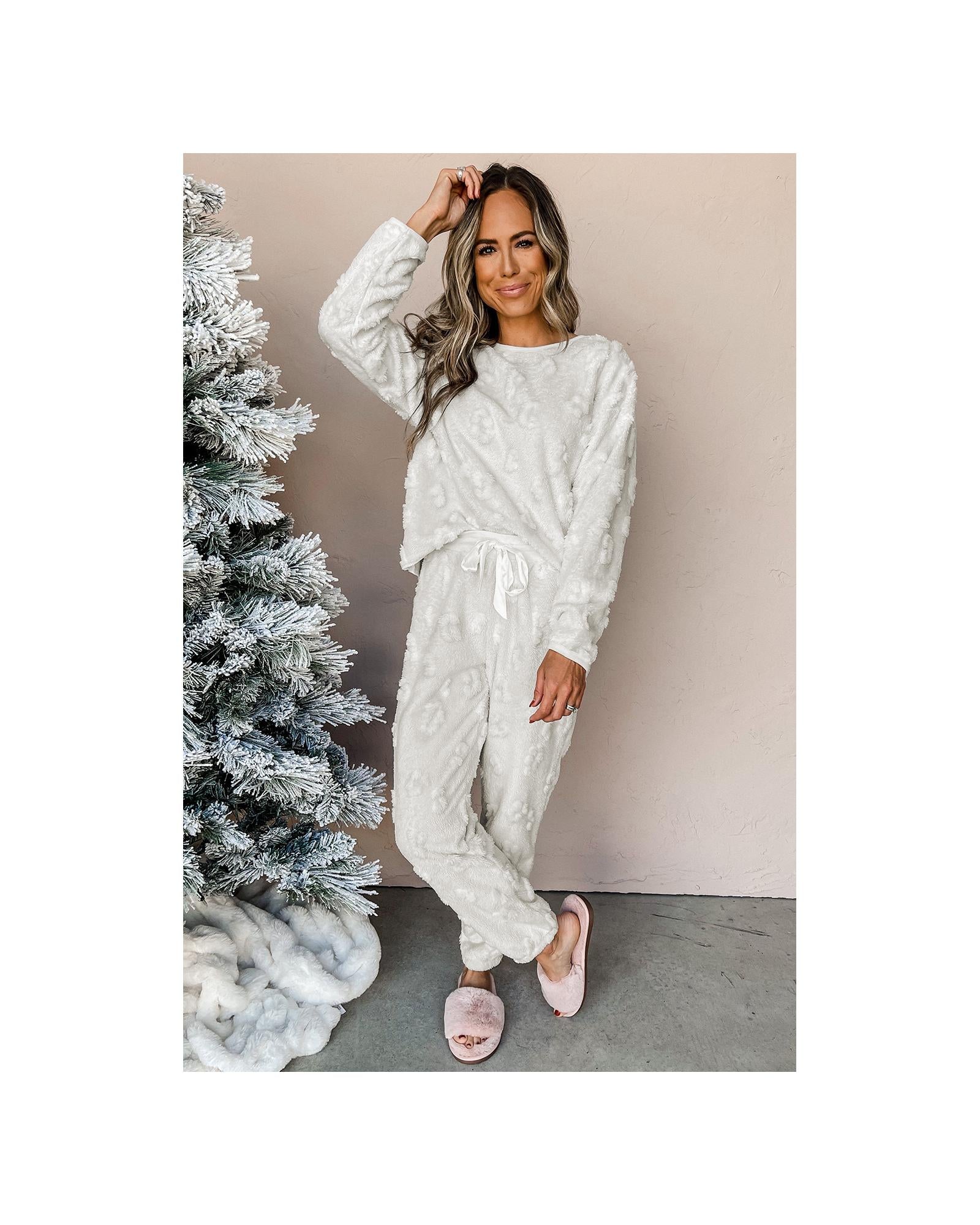 Light Grey Leopard Textured Loose Fit Fleece Lounge Set - S