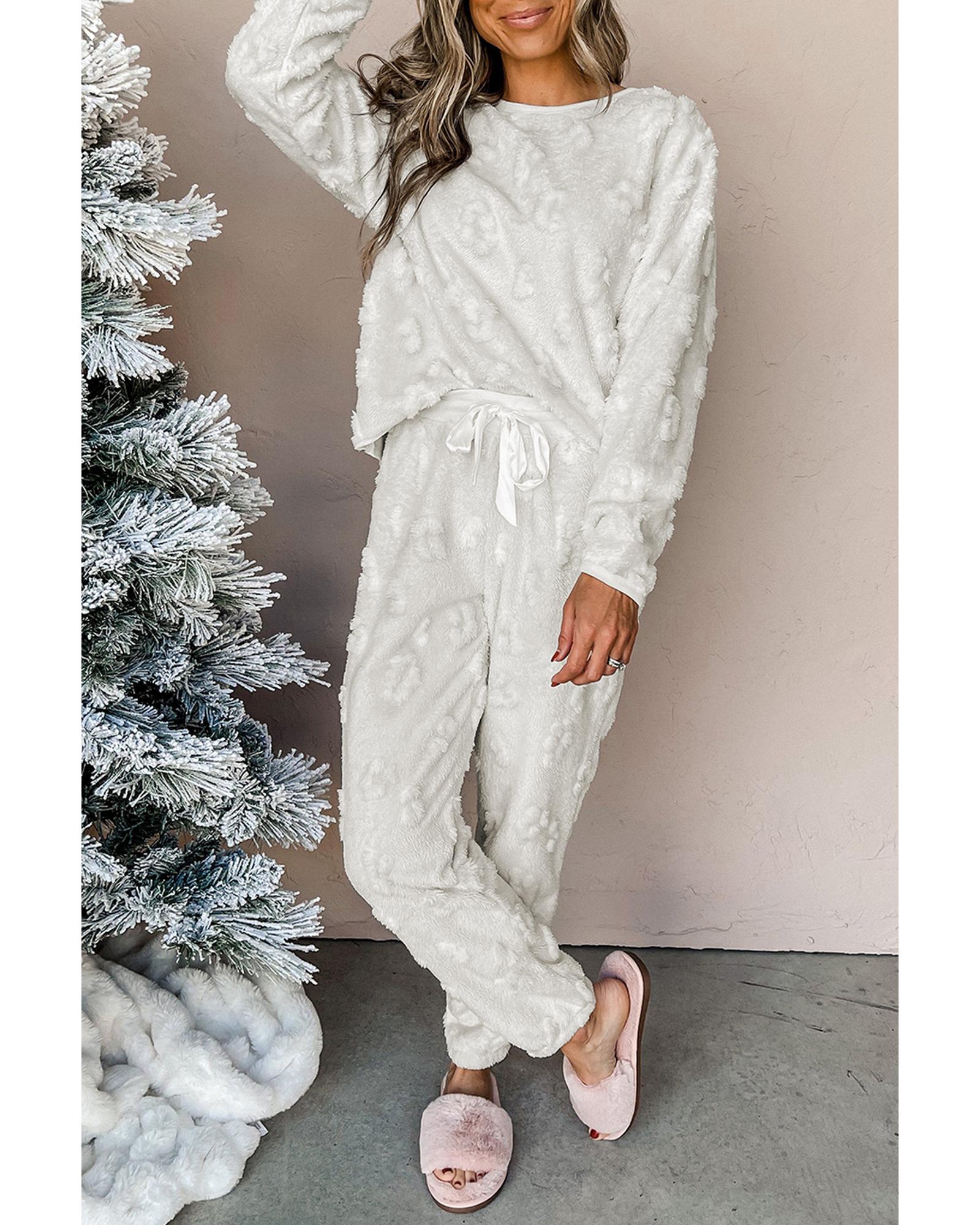 Light Grey Leopard Textured Loose Fit Fleece Lounge Set - XL