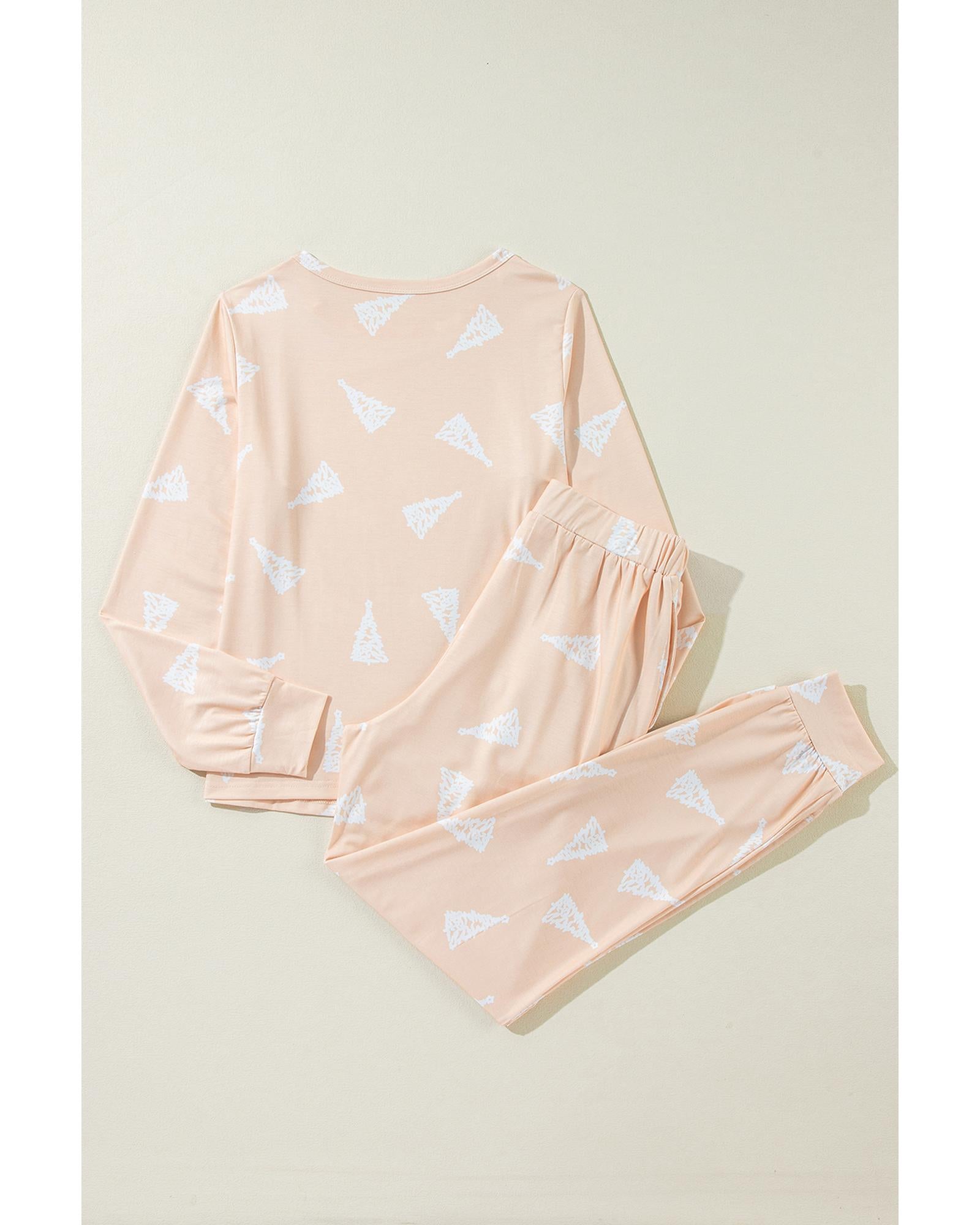 Apricot Christmas Tree Print Loose Fit Two Piece Pajama Set - L