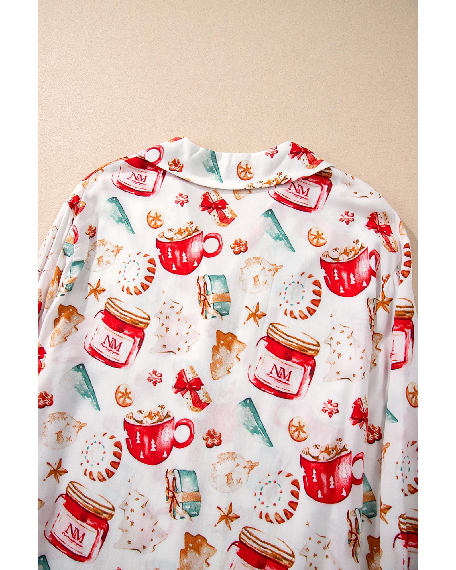 White Christmas Pattern Long Sleeve Shirt and Pants Pajama Set - M