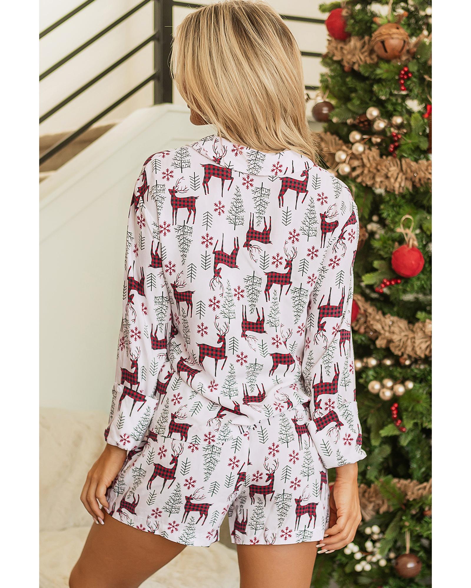 White Christmas Deer Printed Shirt and Shorts Lounge Set - L