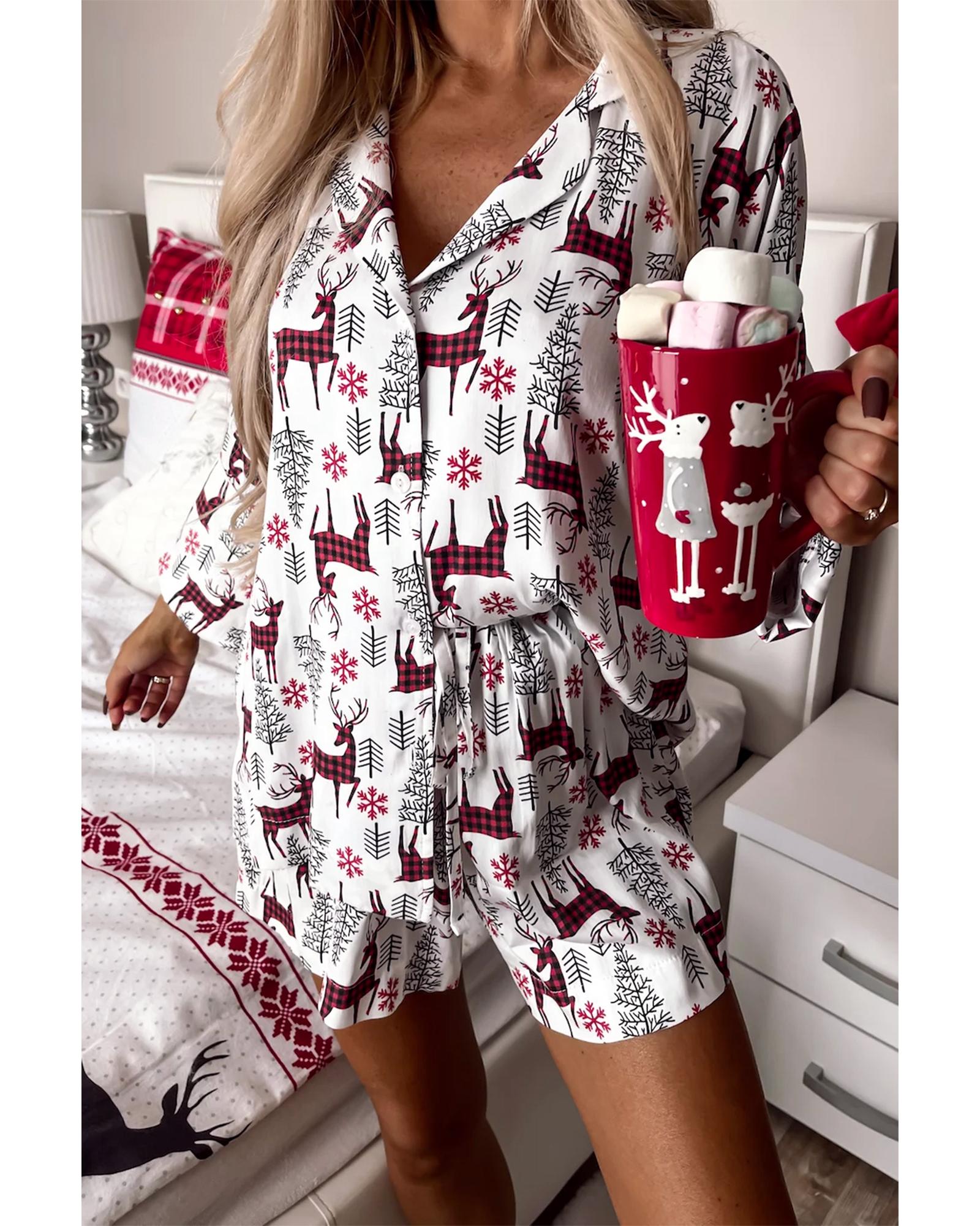 White Christmas Deer Printed Shirt and Shorts Lounge Set - M