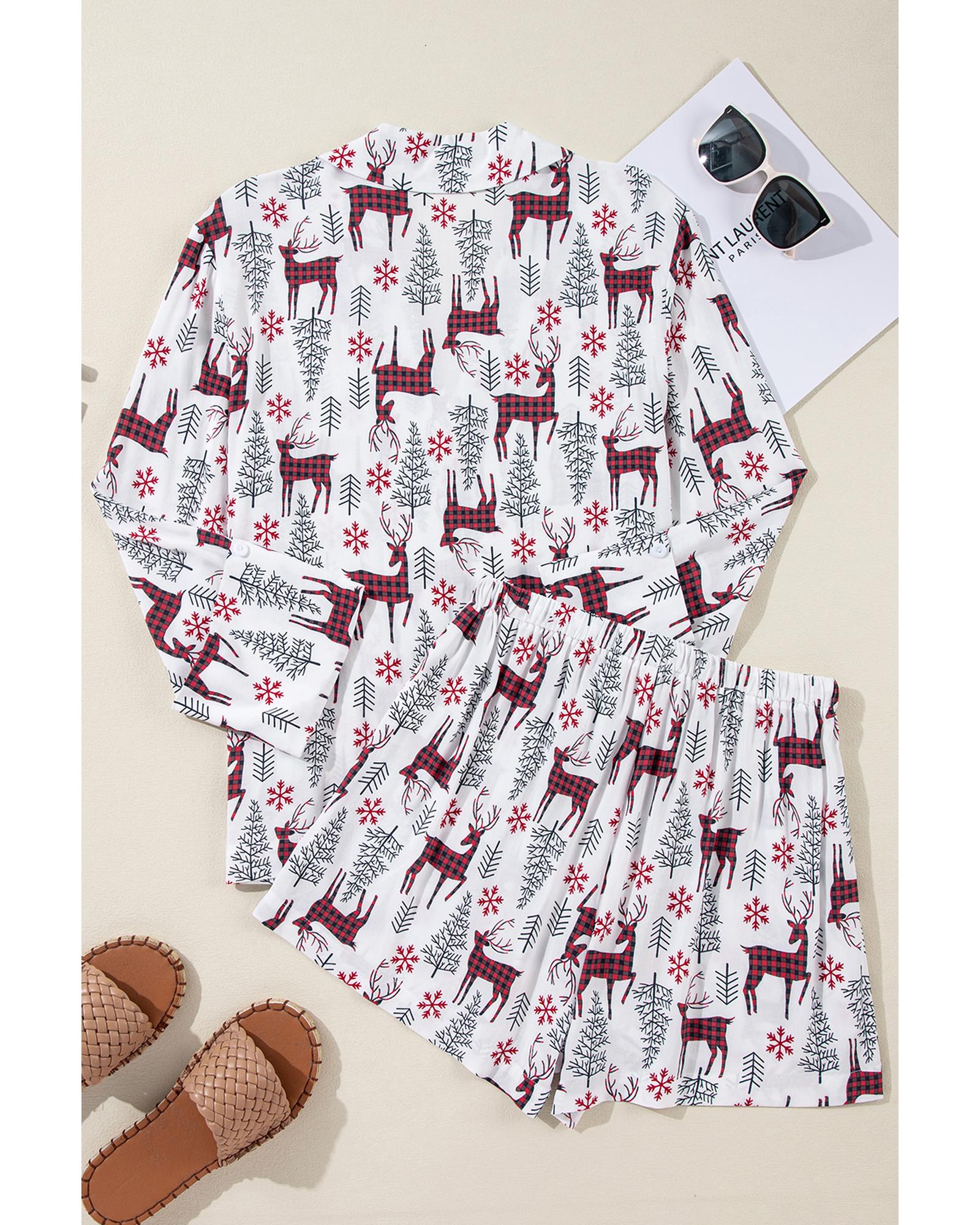 White Christmas Deer Printed Shirt and Shorts Lounge Set - S