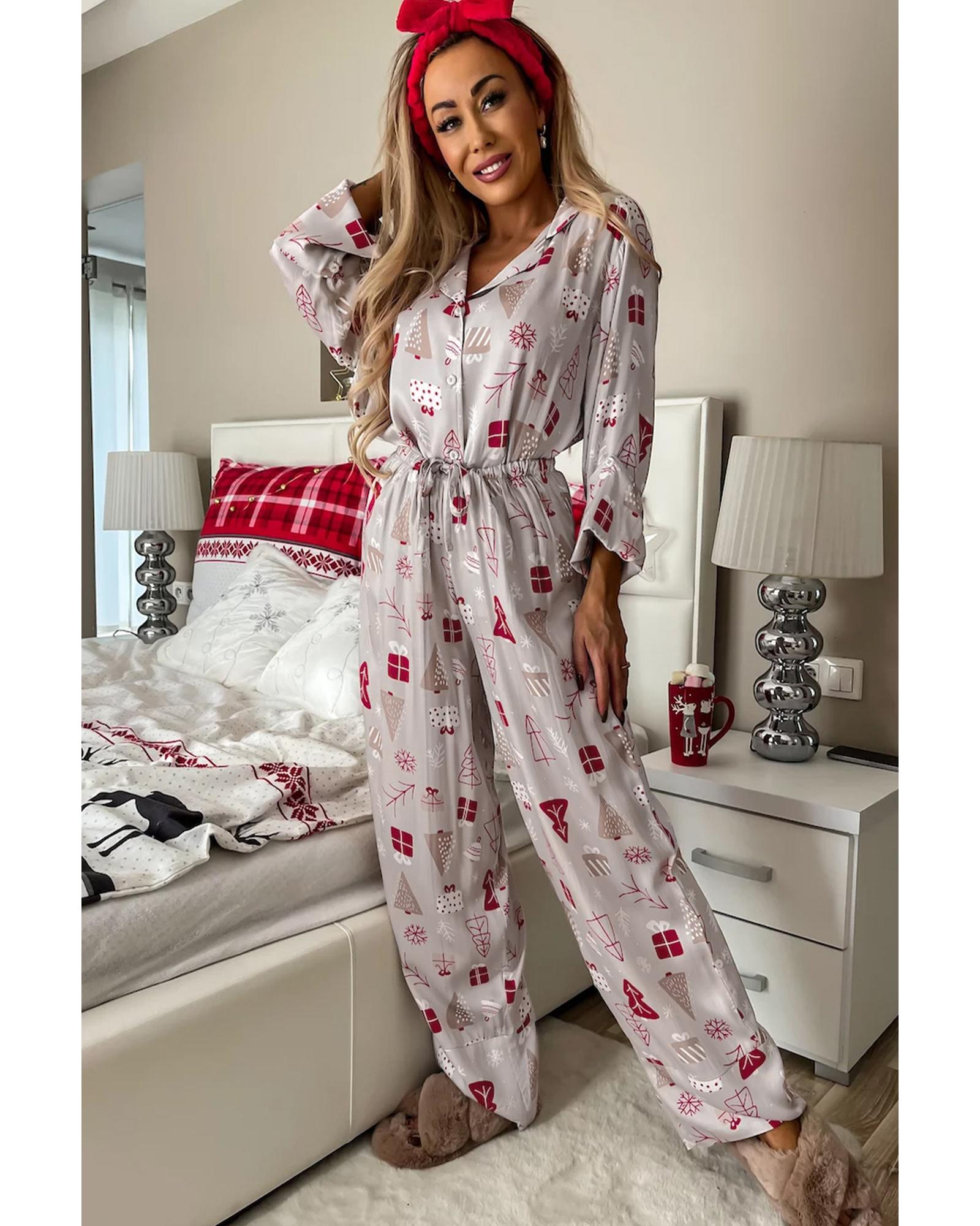 Light Grey Christmas Printed Shirt and Pants Pajama Set - M