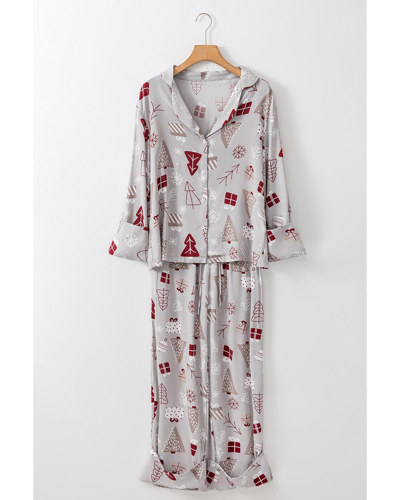 Light Grey Christmas Printed Shirt and Pants Pajama Set - M