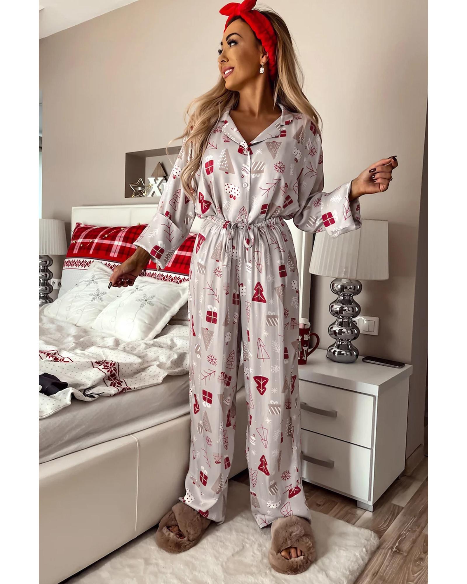 Light Grey Christmas Printed Shirt and Pants Pajama Set - M