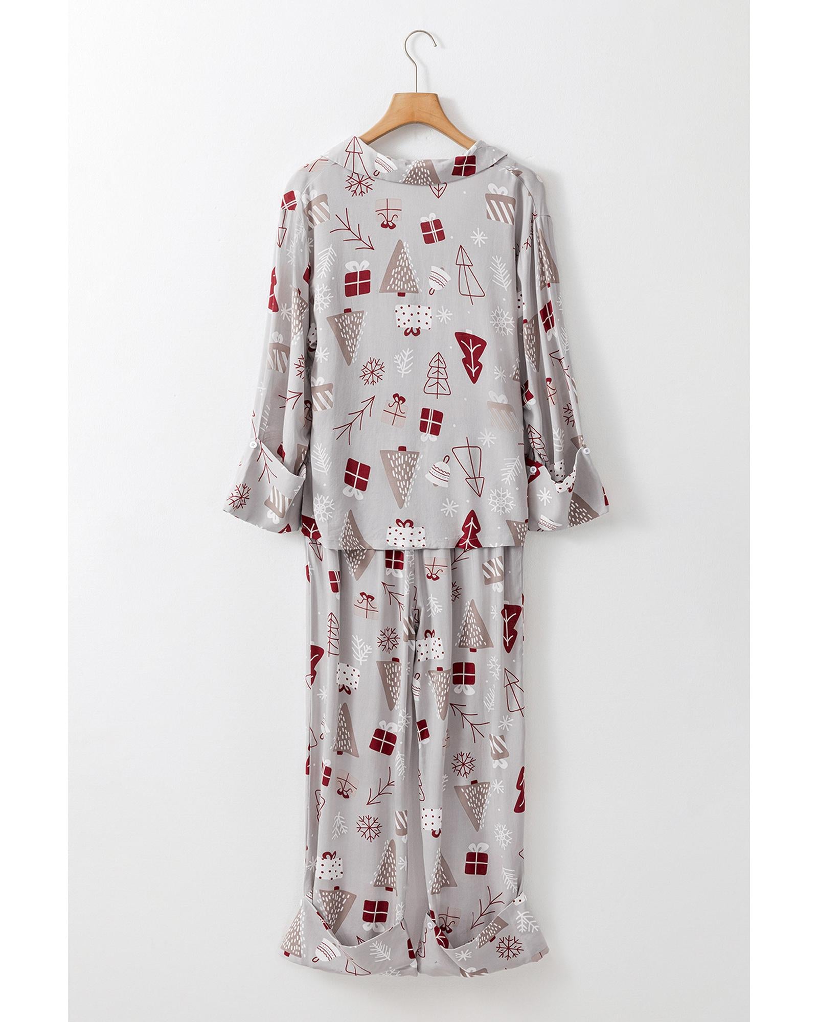 Light Grey Christmas Printed Shirt and Pants Pajama Set - XL