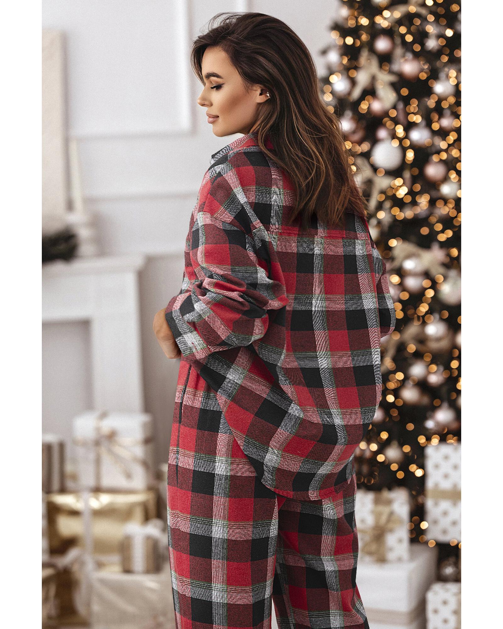 Red Christmas Checkered Pattern Loose Shirt and Pants Lounge Set - M