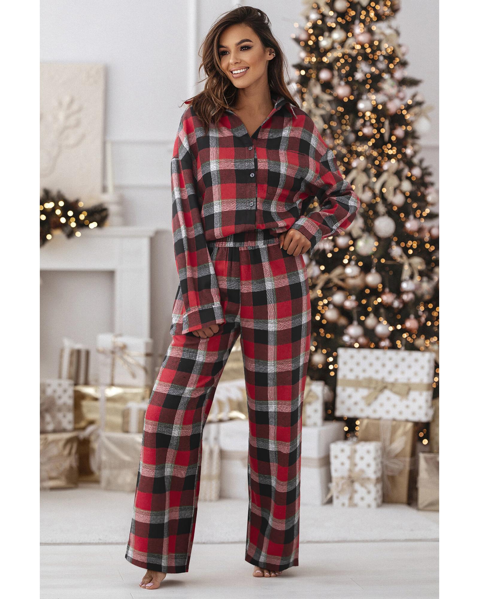 Red Christmas Checkered Pattern Loose Shirt and Pants Lounge Set - M