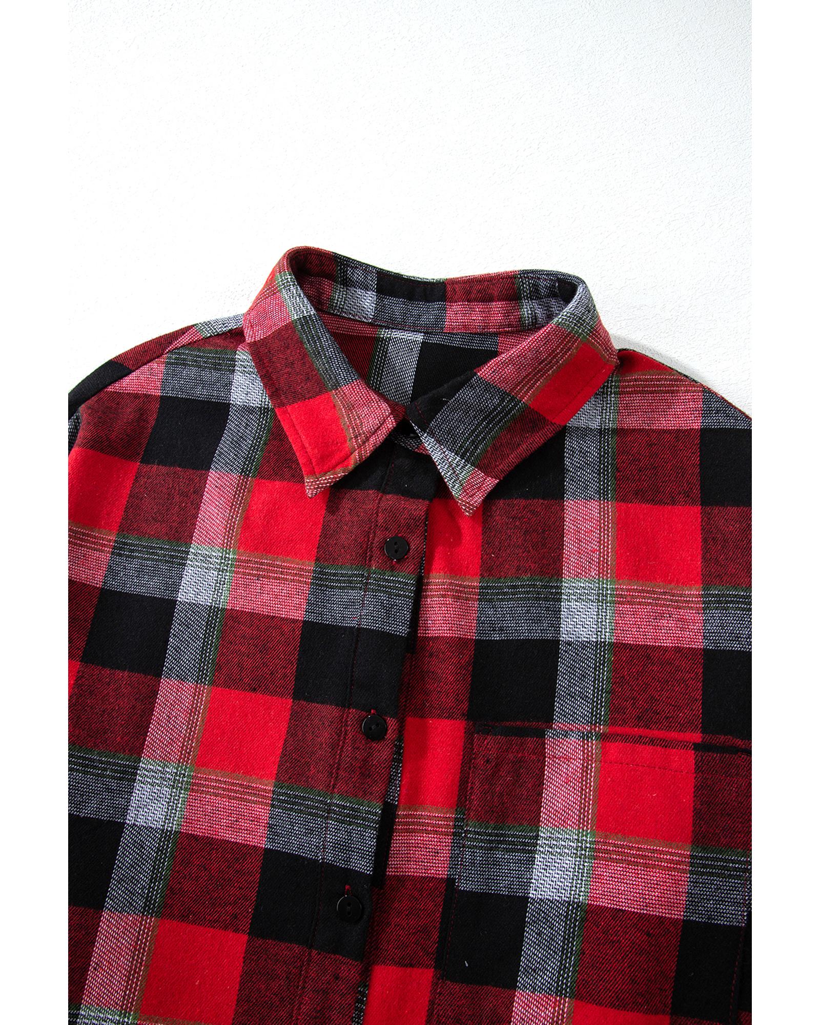 Red Christmas Checkered Pattern Loose Shirt and Pants Lounge Set - M