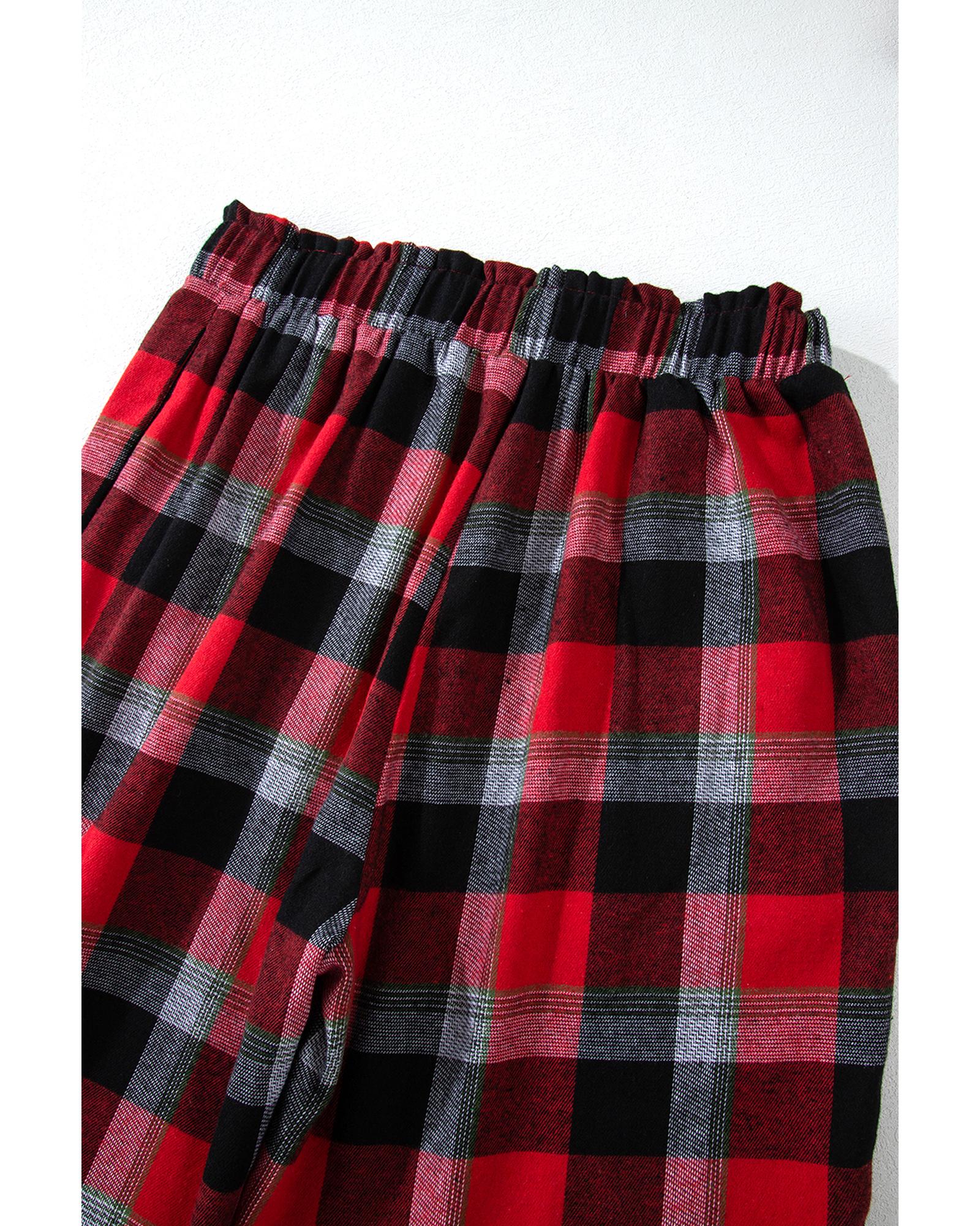 Red Christmas Checkered Pattern Loose Shirt and Pants Lounge Set - M