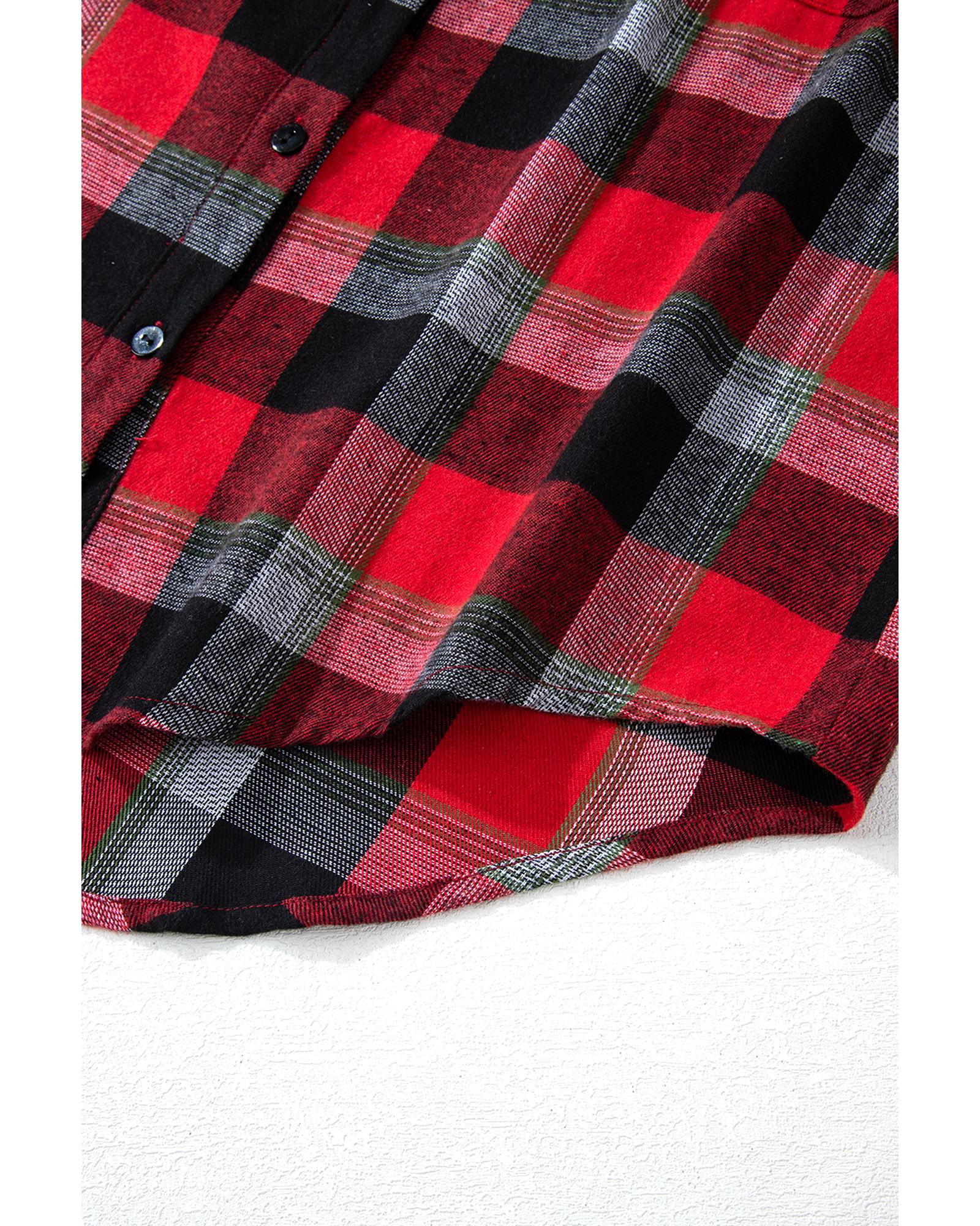 Red Christmas Checkered Pattern Loose Shirt and Pants Lounge Set - M