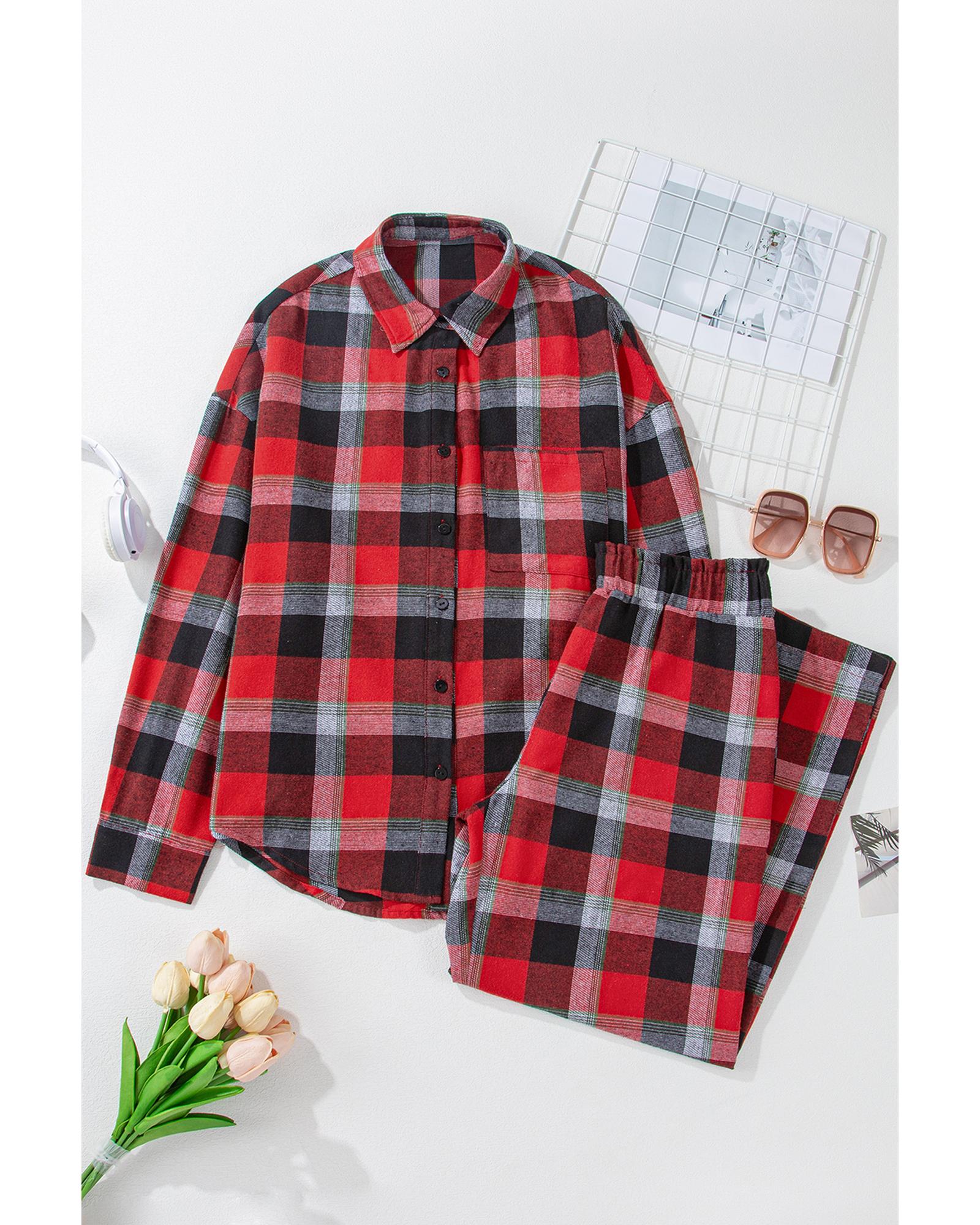 Red Christmas Checkered Pattern Loose Shirt and Pants Lounge Set - M
