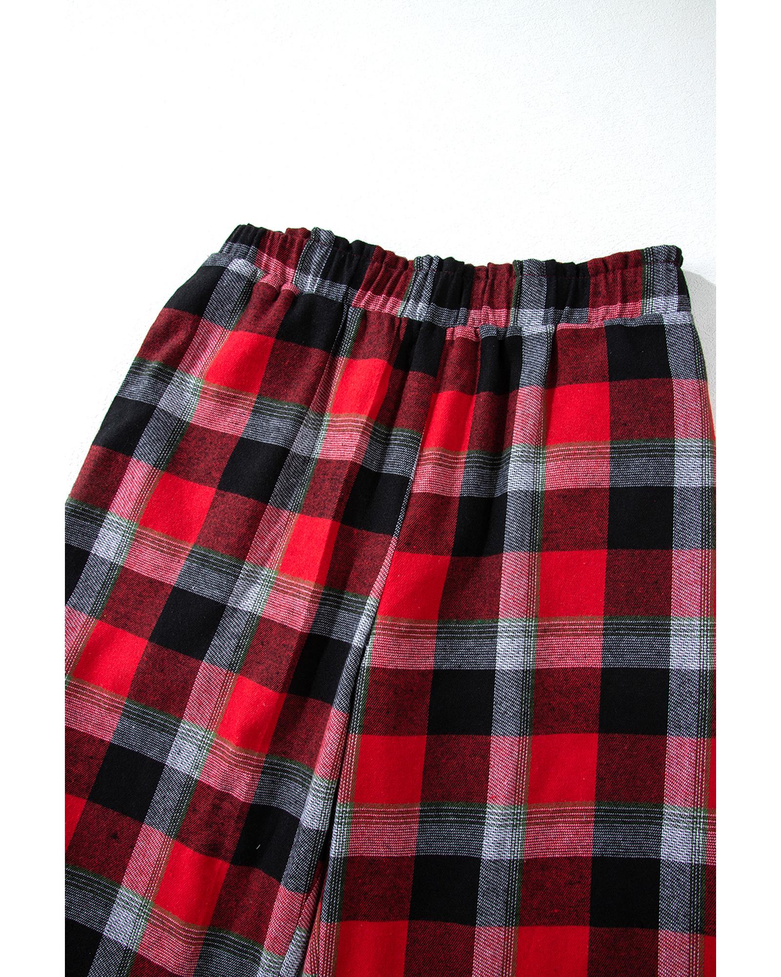 Red Christmas Checkered Pattern Loose Shirt and Pants Lounge Set - M