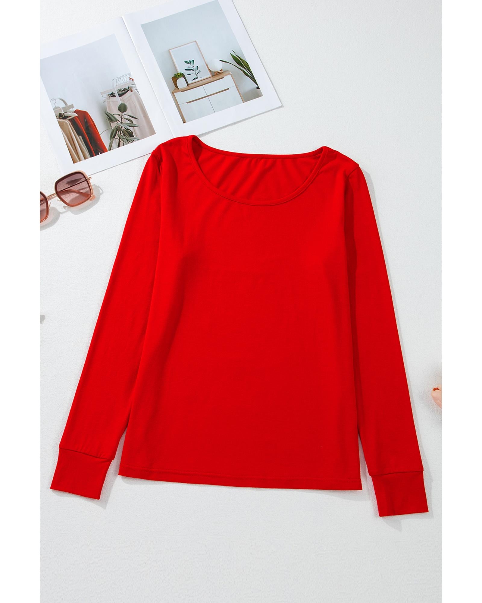 Red Solid Top and Christmas Pants Two Piece Lounge Set - XL
