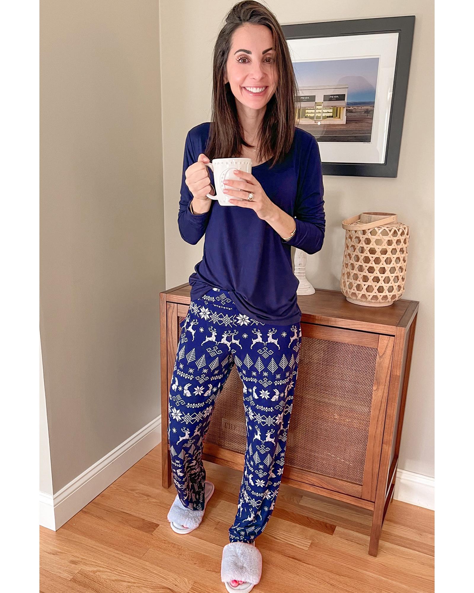 Blue Solid Top and Christmas Pants Two Piece Lounge Set - L
