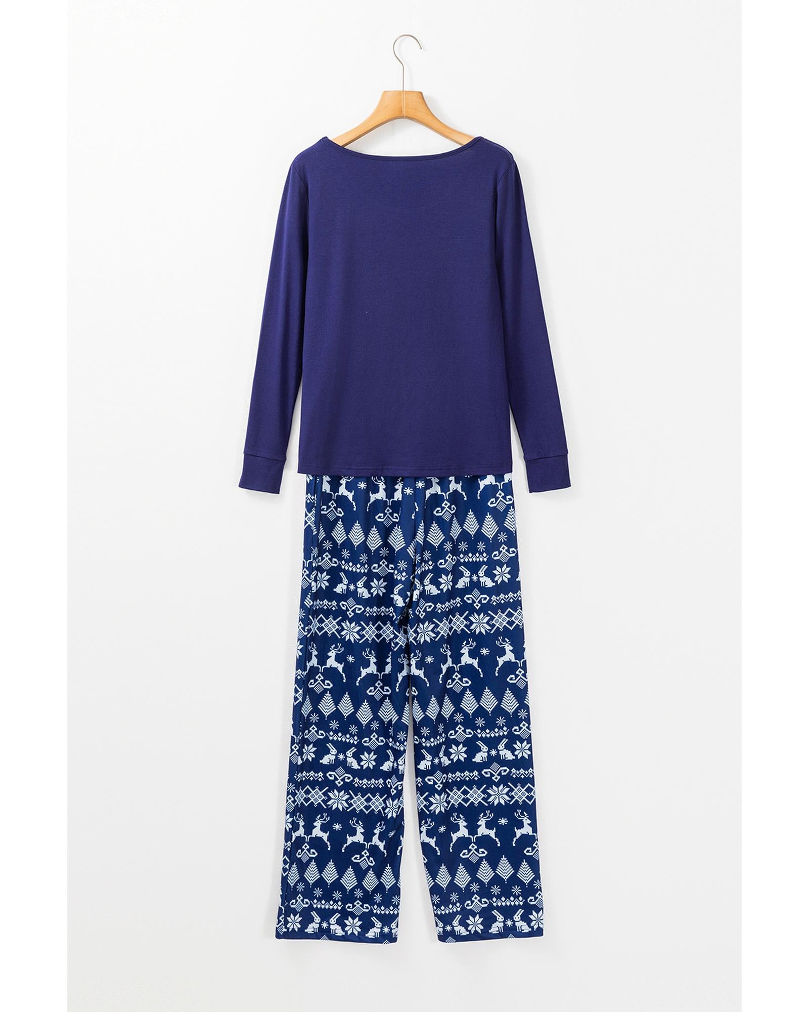 Blue Solid Top and Christmas Pants Two Piece Lounge Set - M