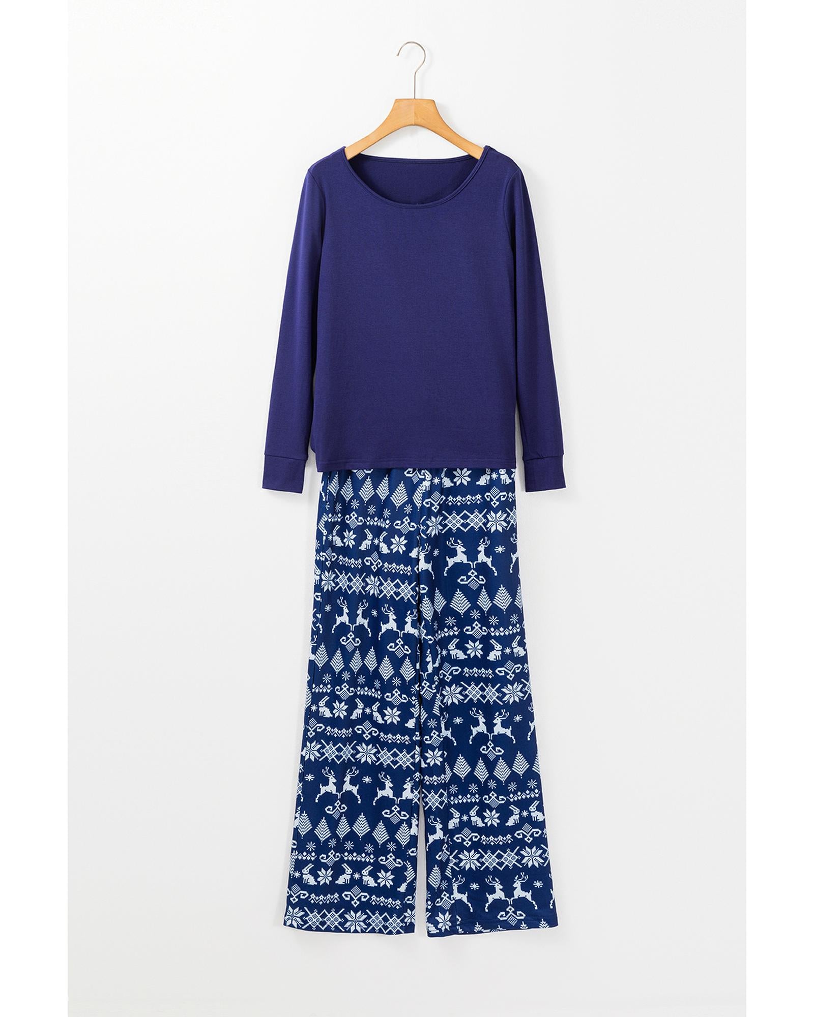 Blue Solid Top and Christmas Pants Two Piece Lounge Set - XL