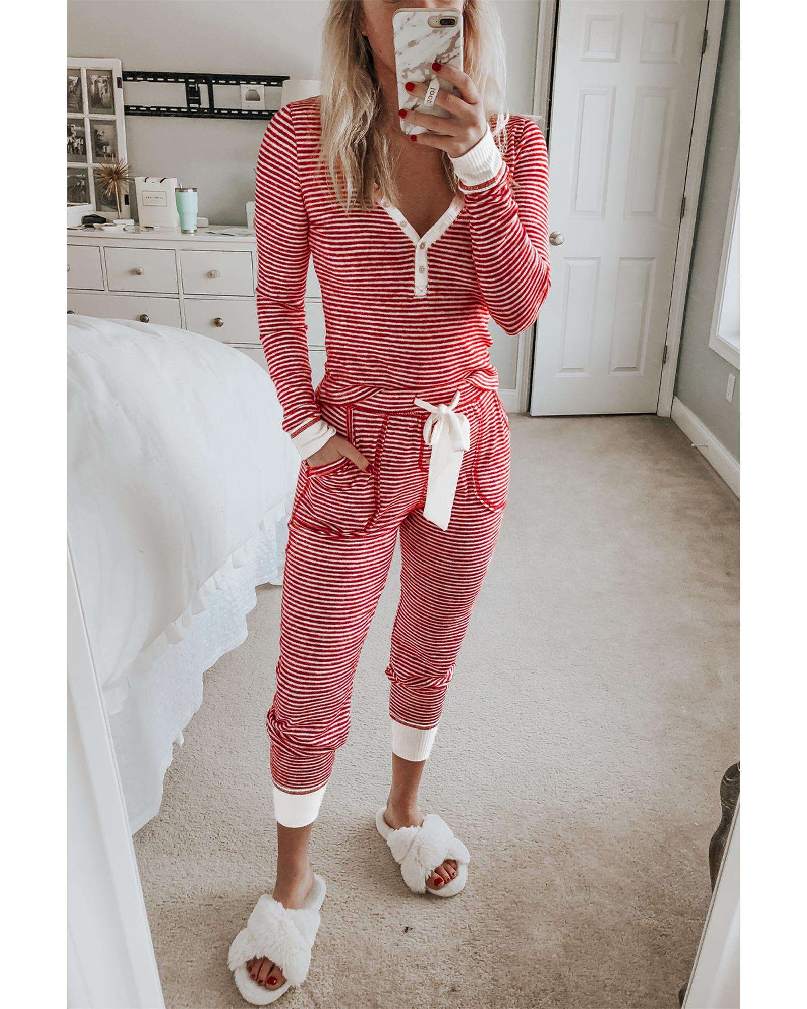 Red Stripe Buttoned V Neck Top and Knotted Waist Pants Lounge Set - L