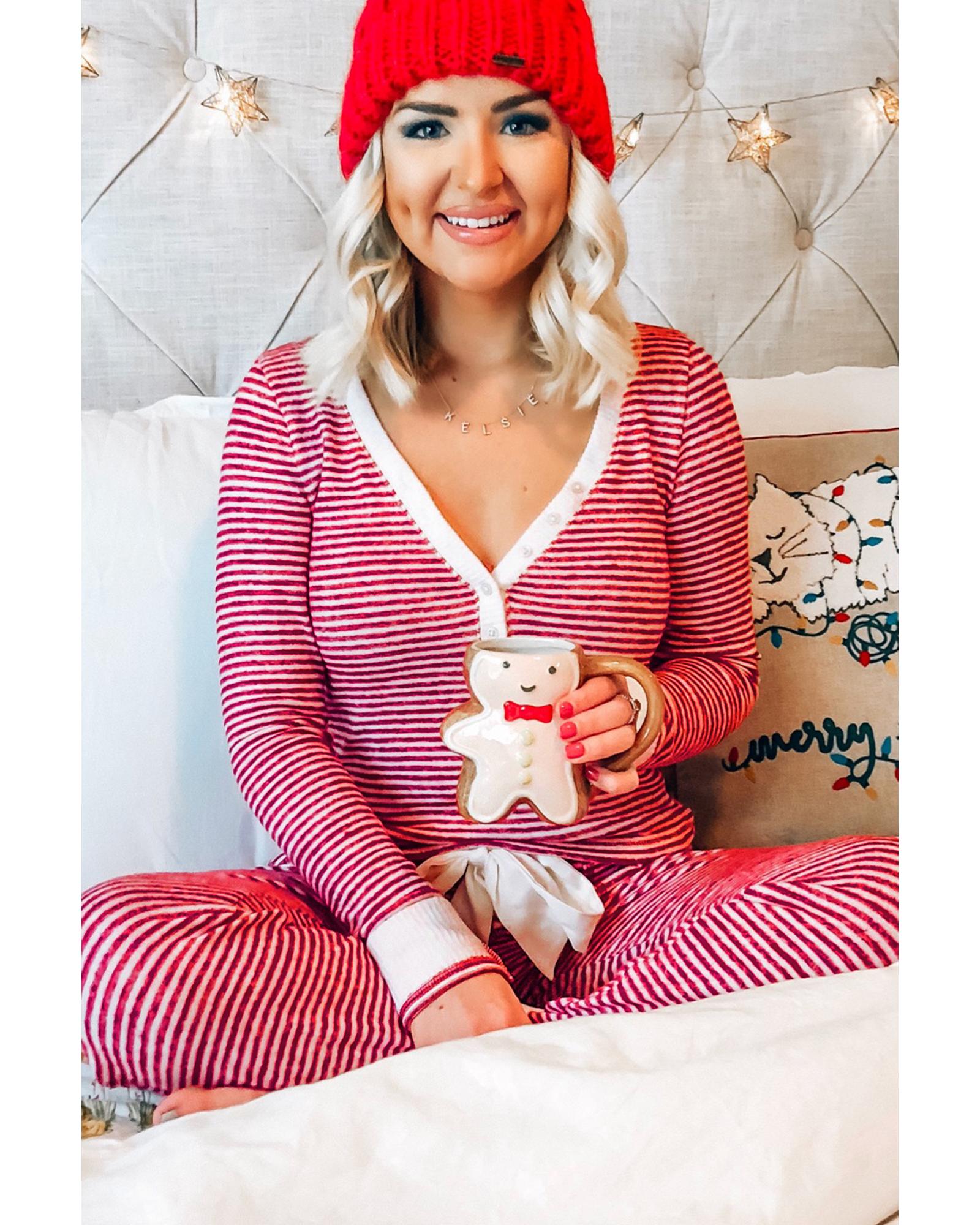 Red Stripe Buttoned V Neck Top and Knotted Waist Pants Lounge Set - S