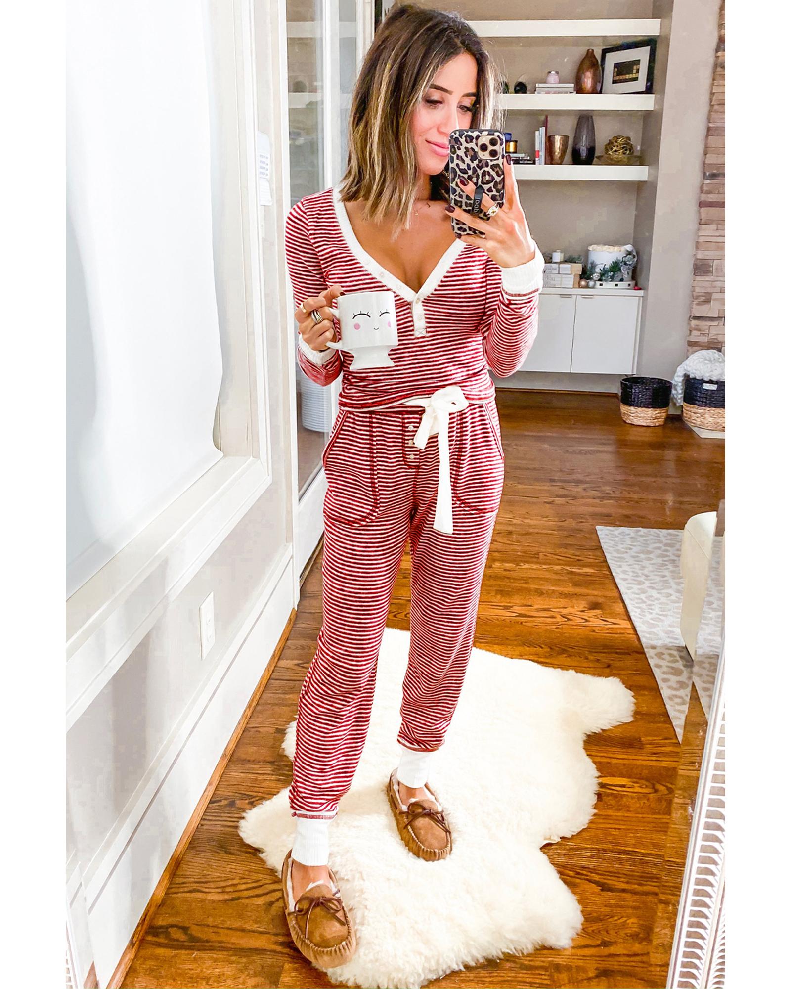 Red Stripe Buttoned V Neck Top and Knotted Waist Pants Lounge Set - XL