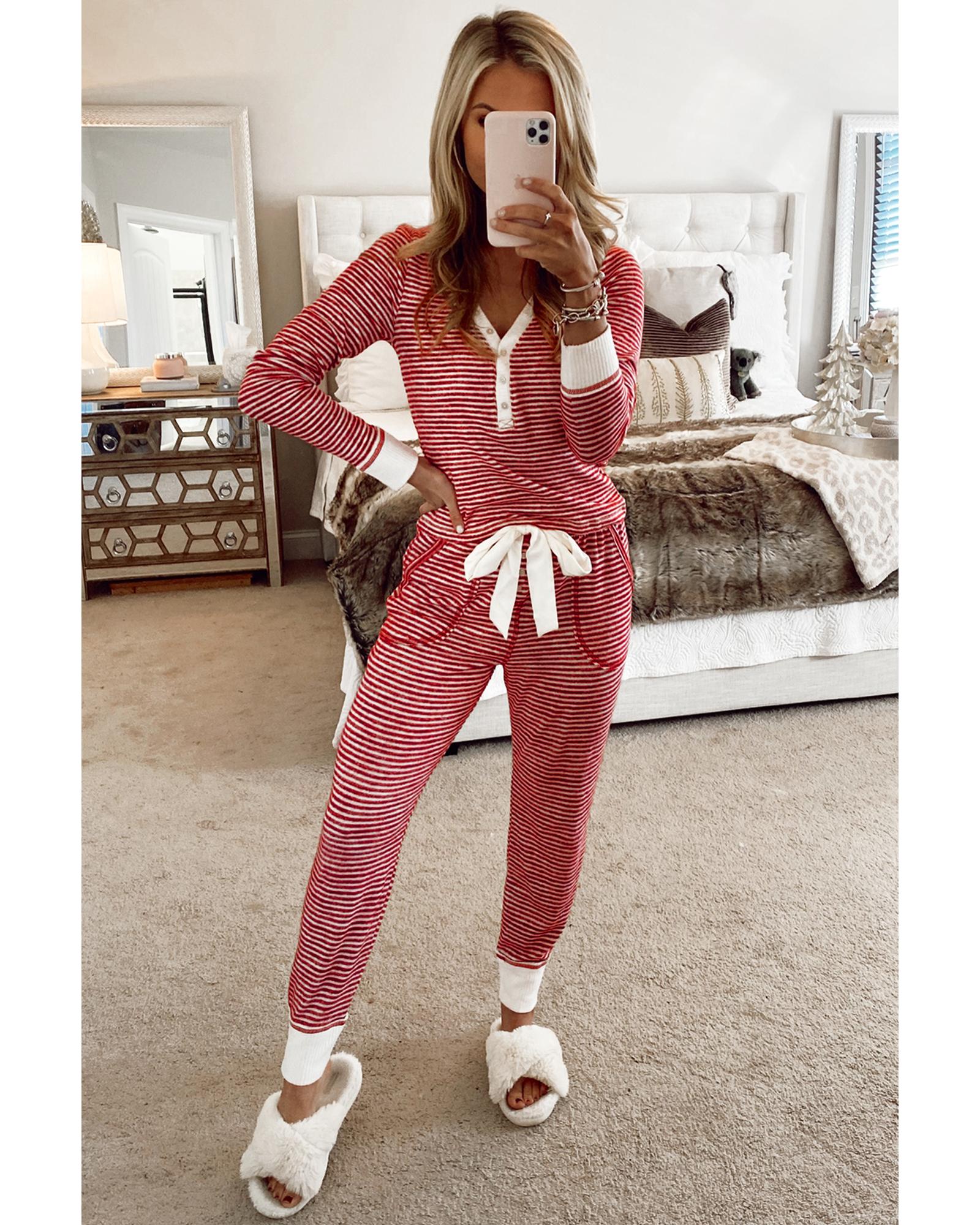 Red Stripe Buttoned V Neck Top and Knotted Waist Pants Lounge Set - XL
