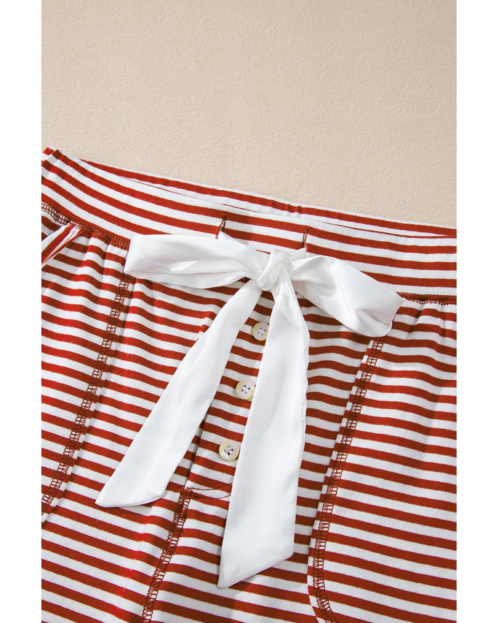 Red Stripe Buttoned V Neck Top and Knotted Waist Pants Lounge Set - XL
