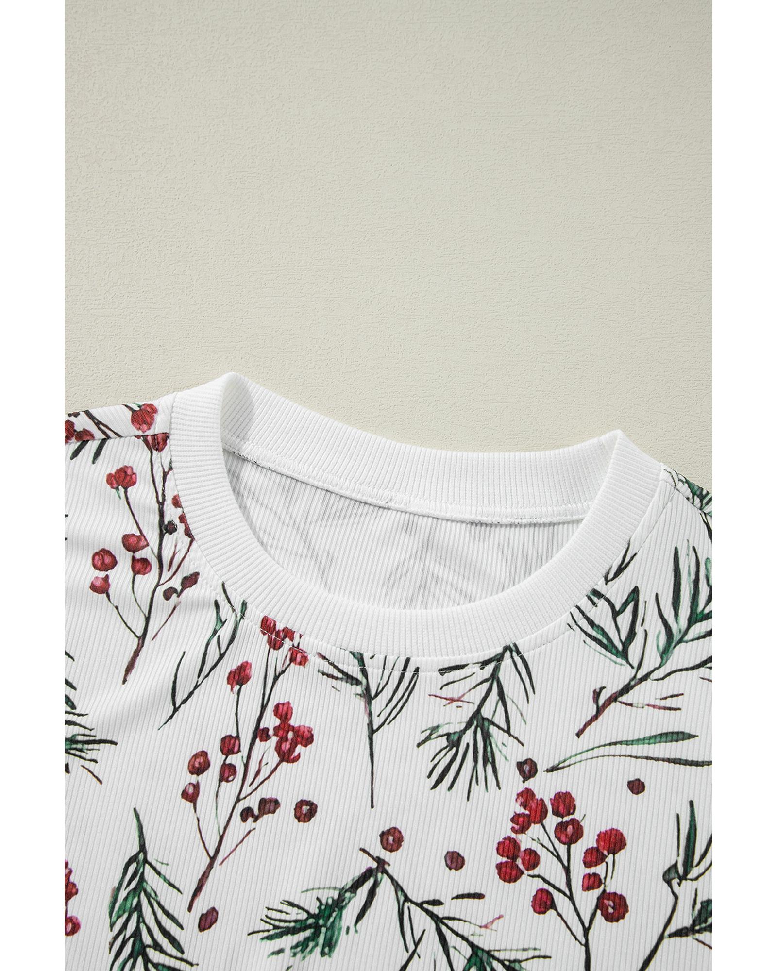 White Holly Print Thermal Pullover Pants Lounge Set - L